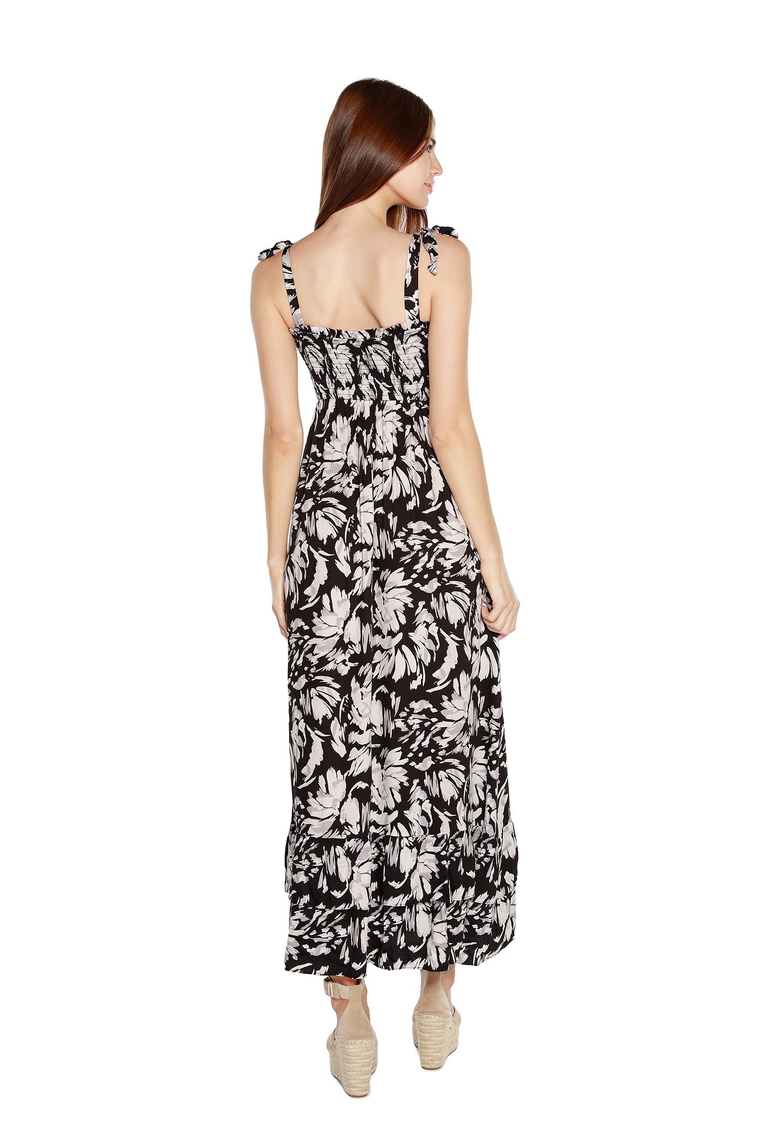 Women’s Floral Maxi Dress with Tie Straps and Hem Ruffles