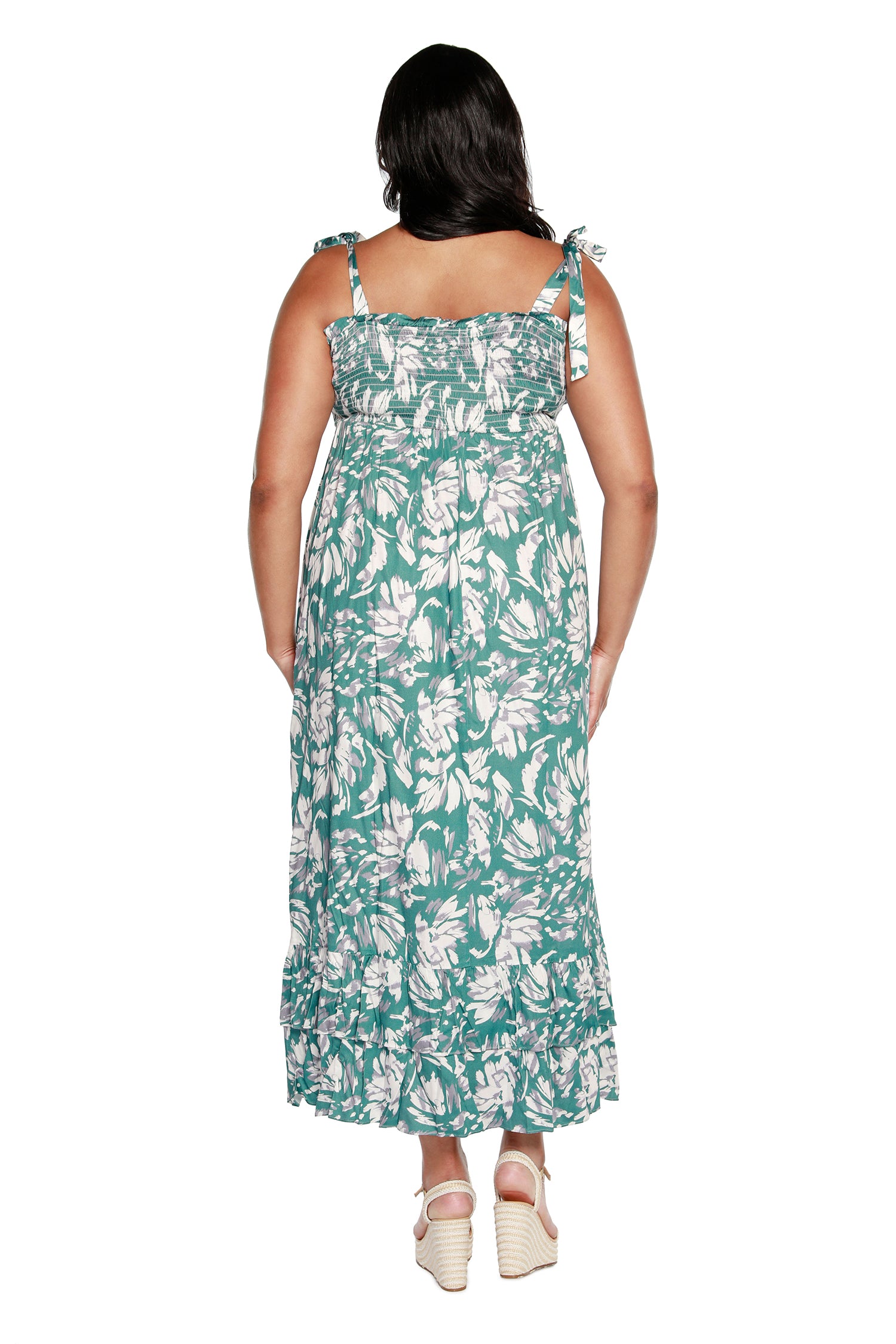Women’s Floral Maxi Dress with Tie Straps and Hem Ruffles | Curvy