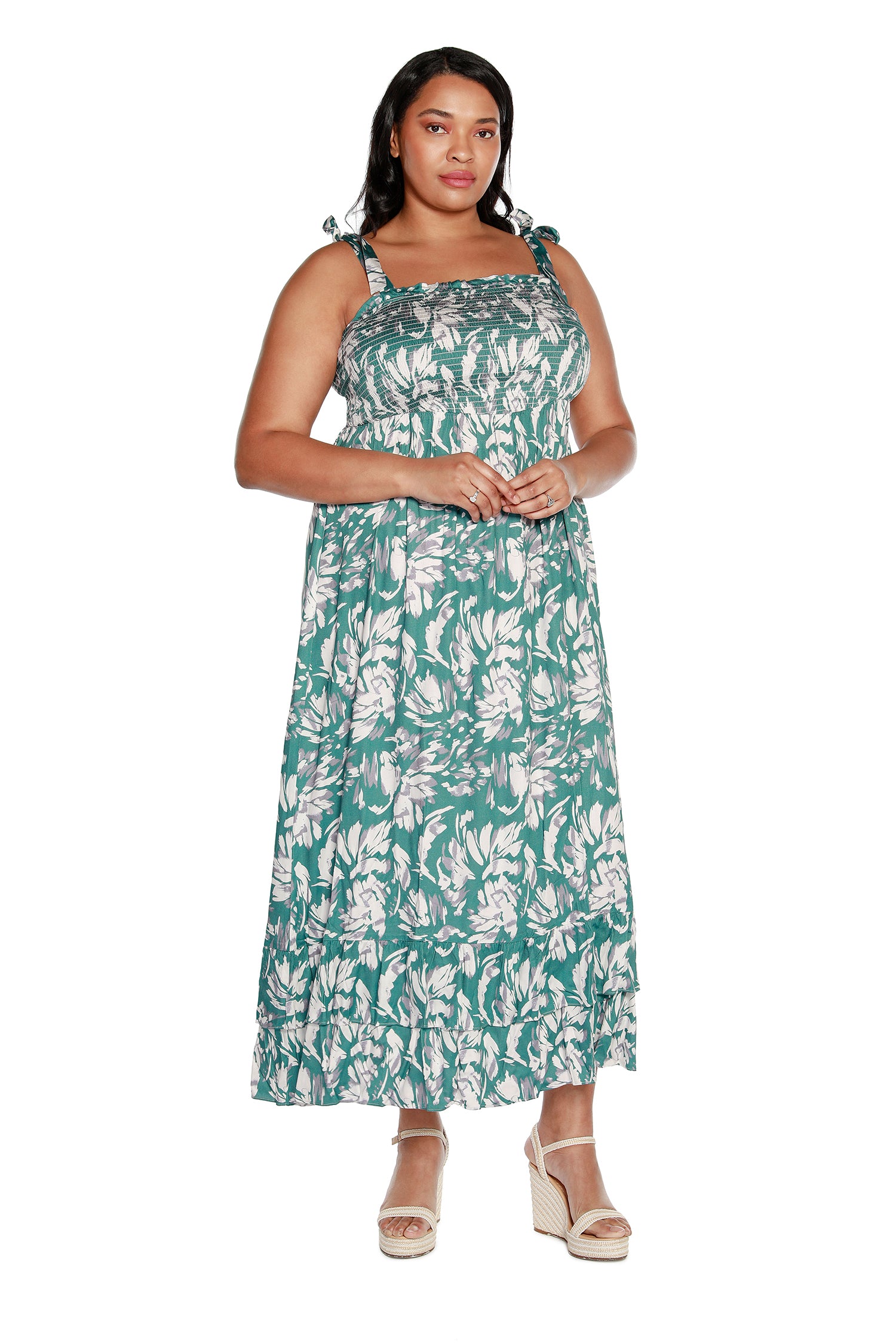 Women’s Floral Maxi Dress with Tie Straps and Hem Ruffles | Curvy