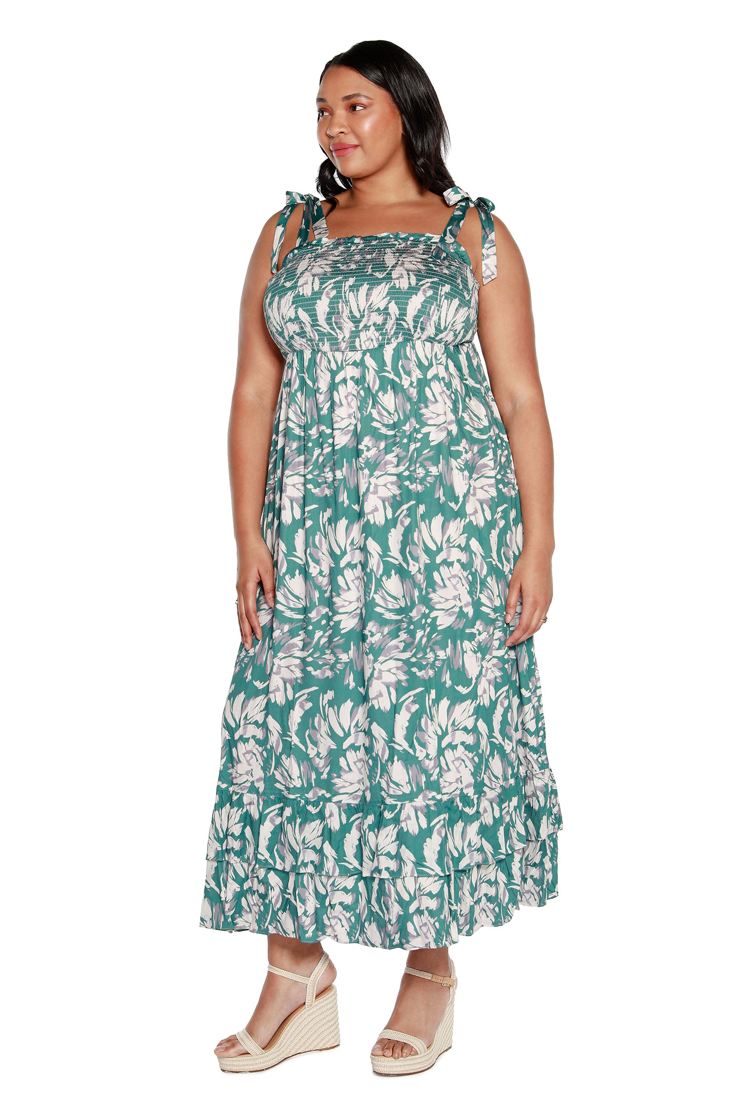 Women’s Floral Maxi Dress with Tie Straps and Hem Ruffles | Curvy