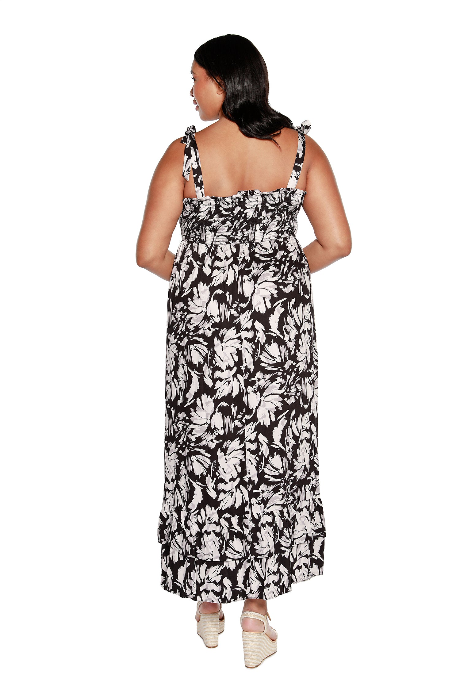 Women’s Floral Maxi Dress with Tie Straps and Hem Ruffles | Curvy