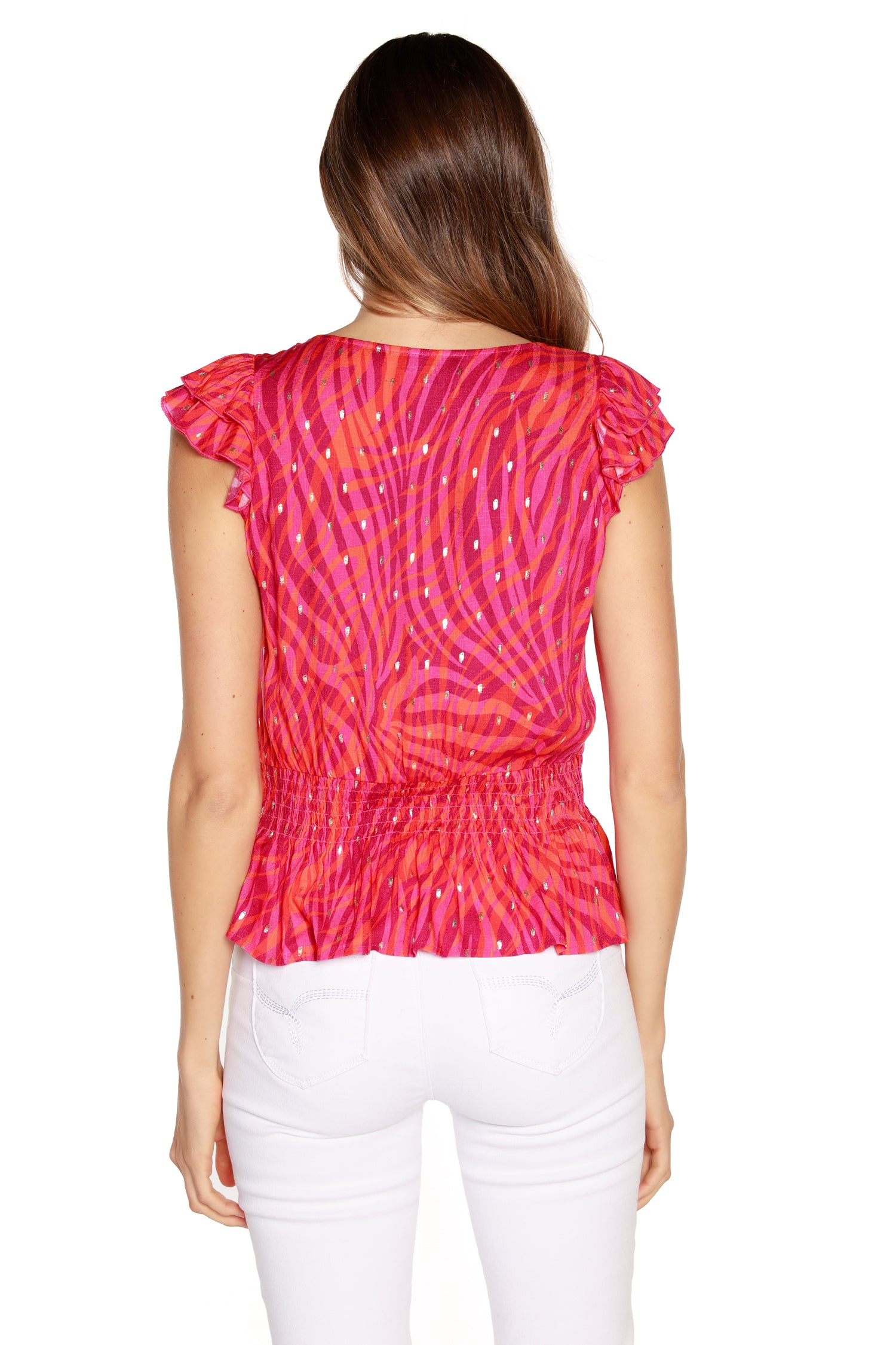 Women’s Abstract Animal Print Drawstring Peplum Top with Gold Foil