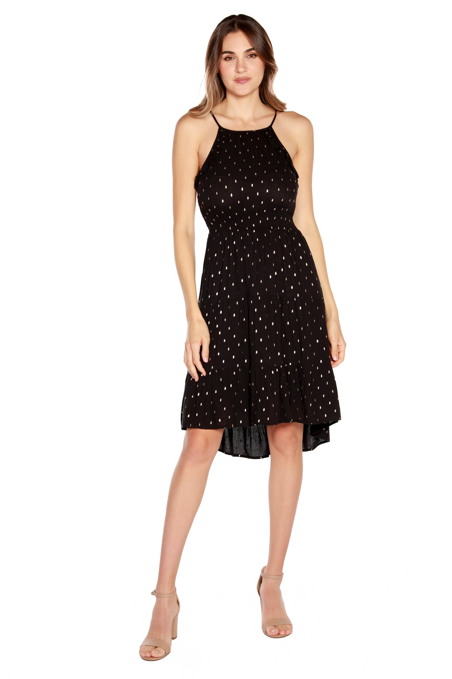 Women’s Sleeveless Dress with Tiered Skirt and High-Low Hem