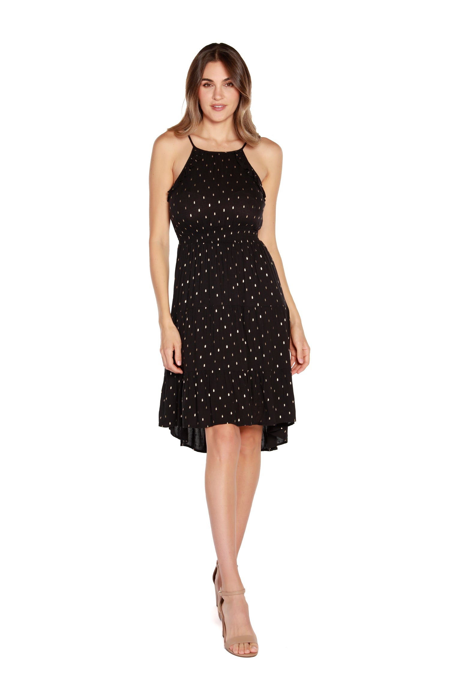 Women’s Sleeveless Dress with Tiered Skirt and High-Low Hem