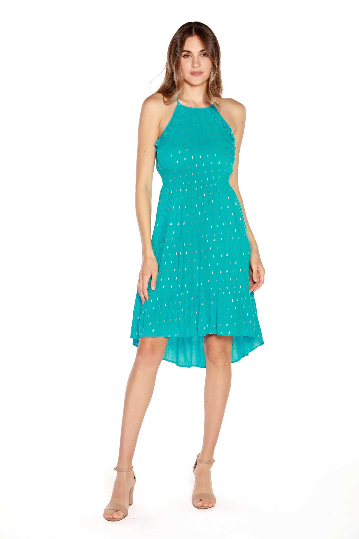 Women’s Sleeveless Dress with Tiered Skirt and High-Low Hem