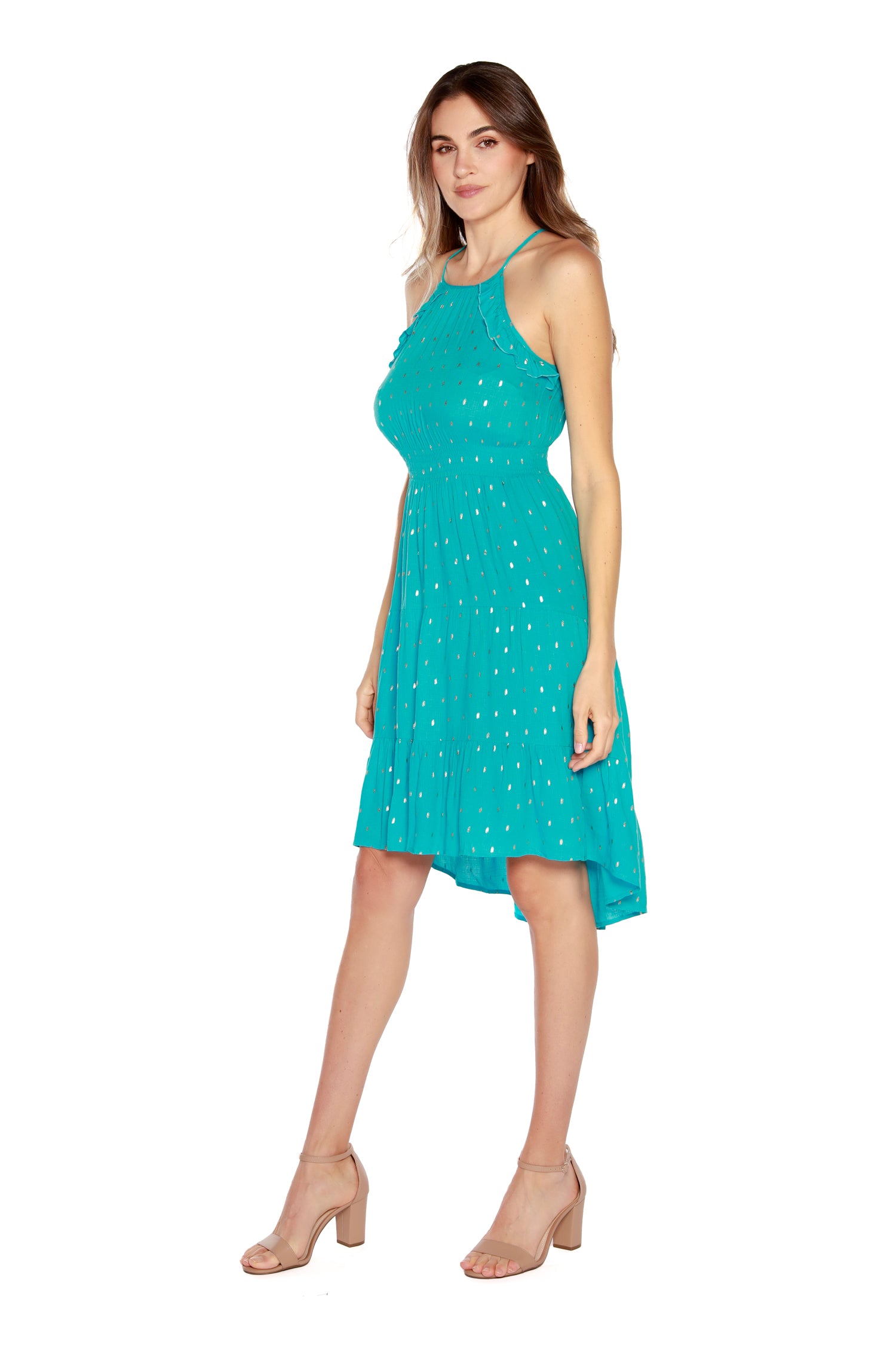 Women’s Sleeveless Dress with Tiered Skirt and High-Low Hem