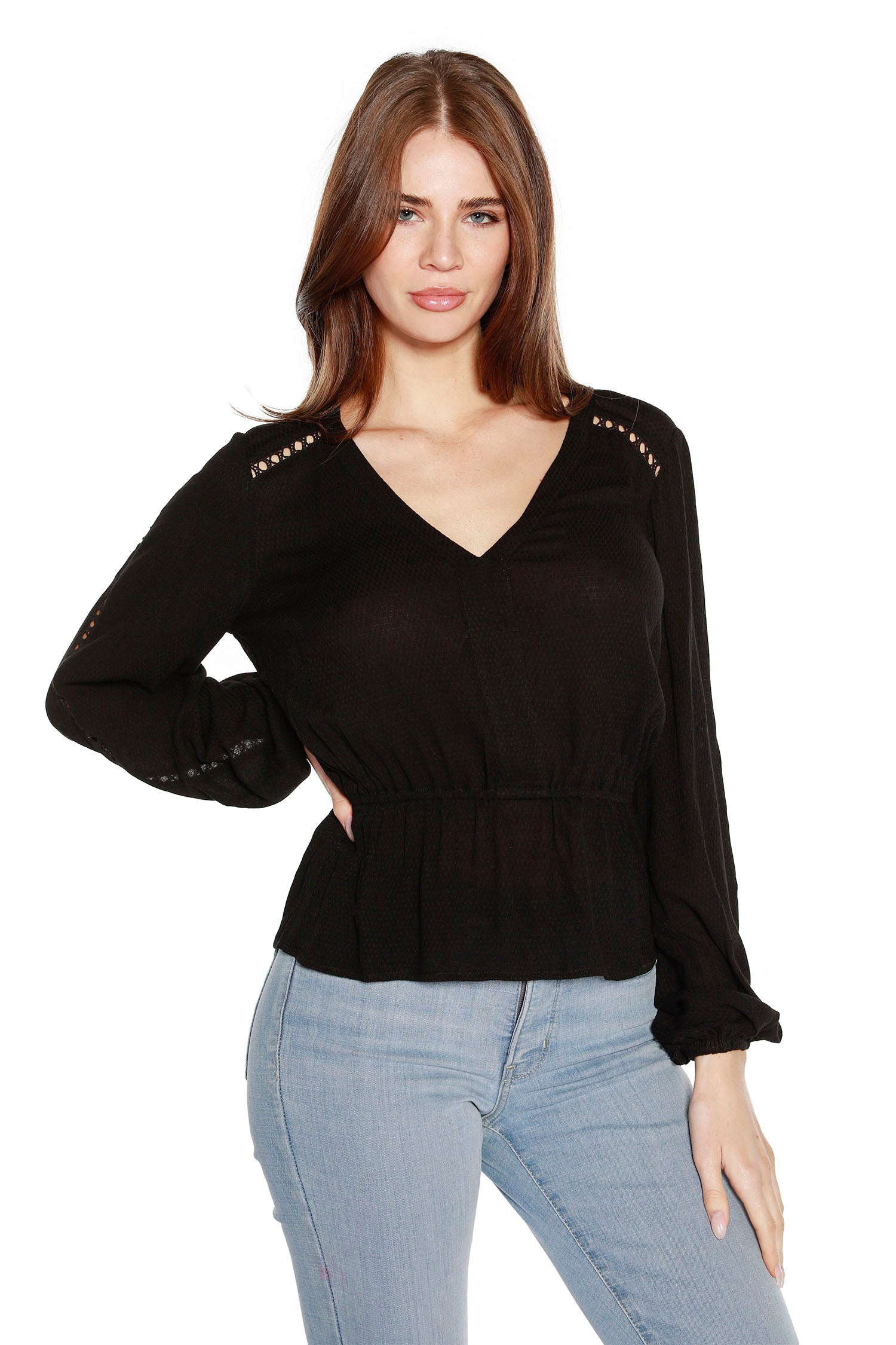 Women’s Blouson Sleeve Peplum Top with Ladder Lace