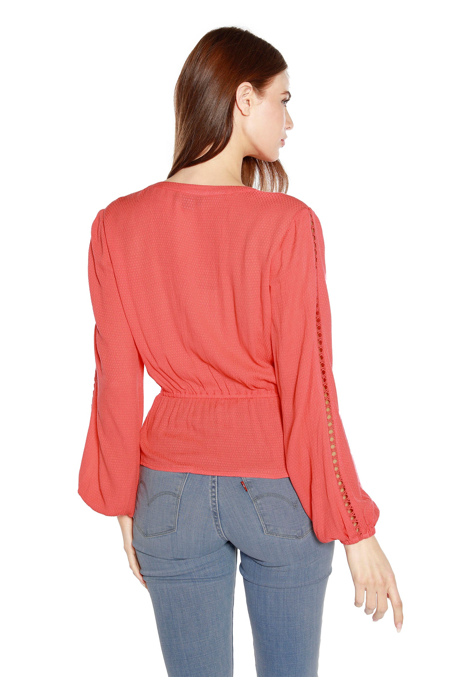 Women’s Blouson Sleeve Peplum Top with Ladder Lace