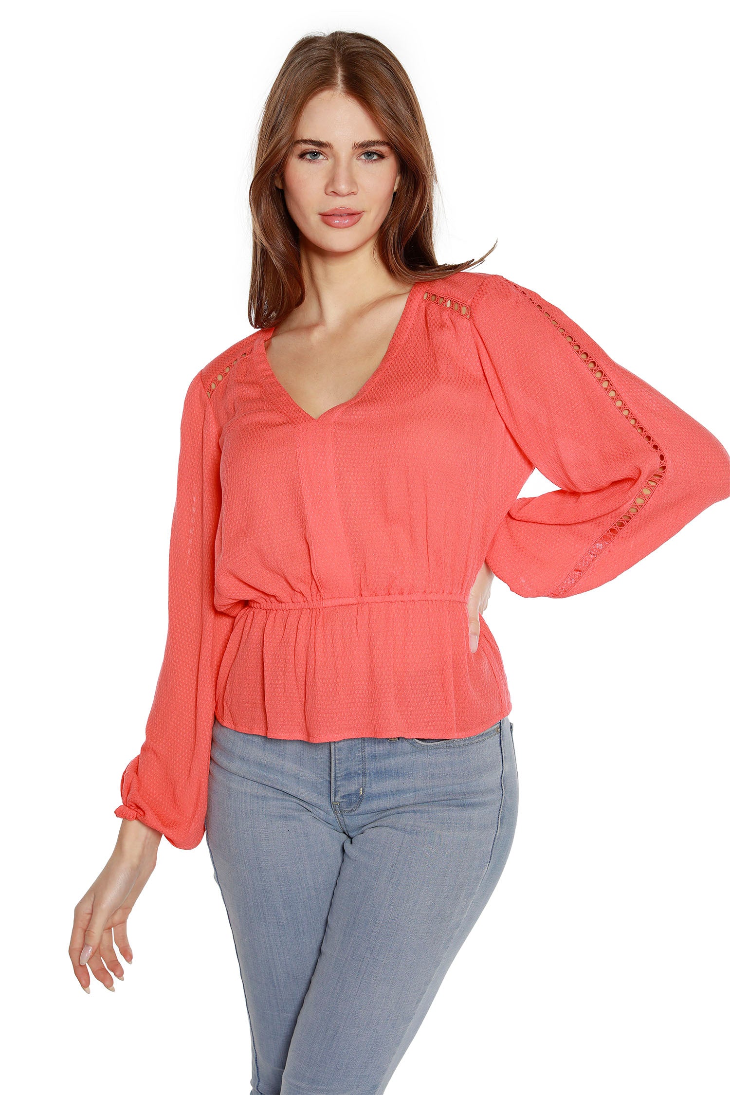 Women’s Blouson Sleeve Peplum Top with Ladder Lace