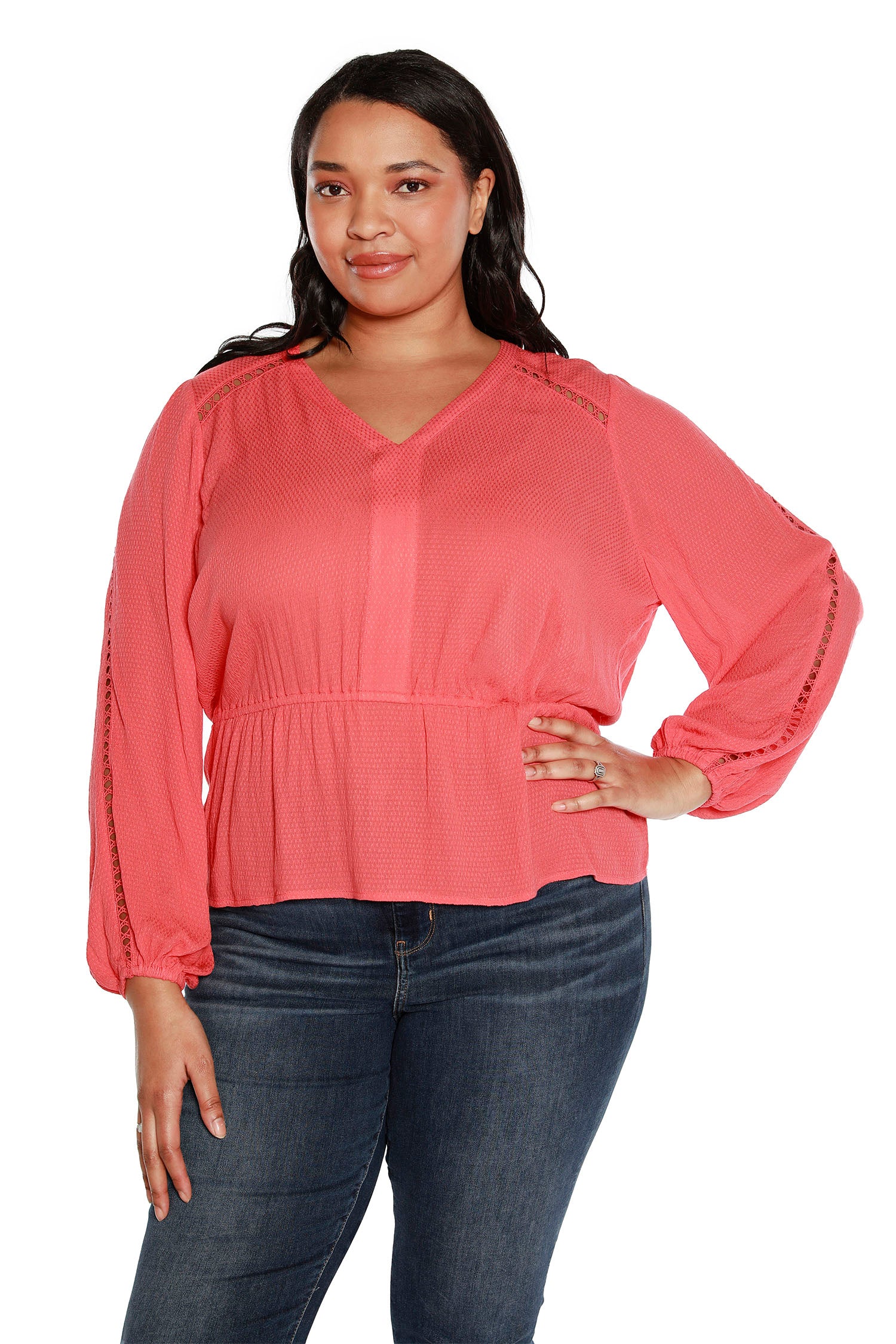 Women’s Blouson Sleeve Peplum Top with Ladder Lace | Curvy