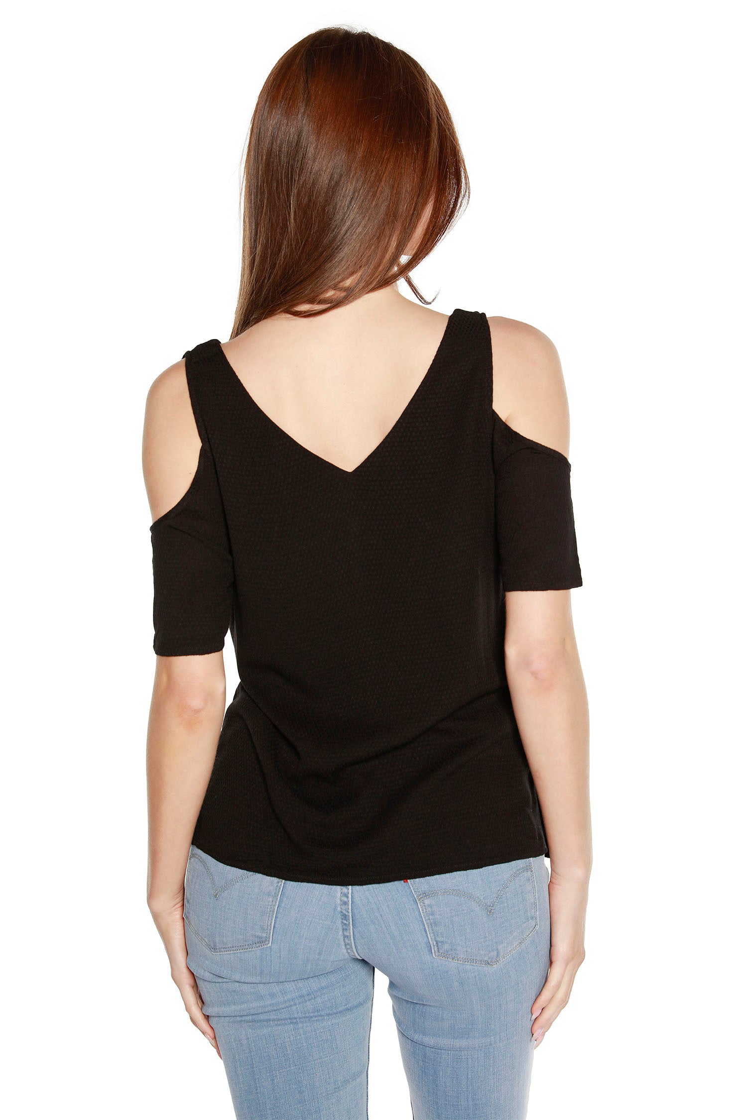 Women’s Cold Shoulder Top with Ruffles and Nail Heads