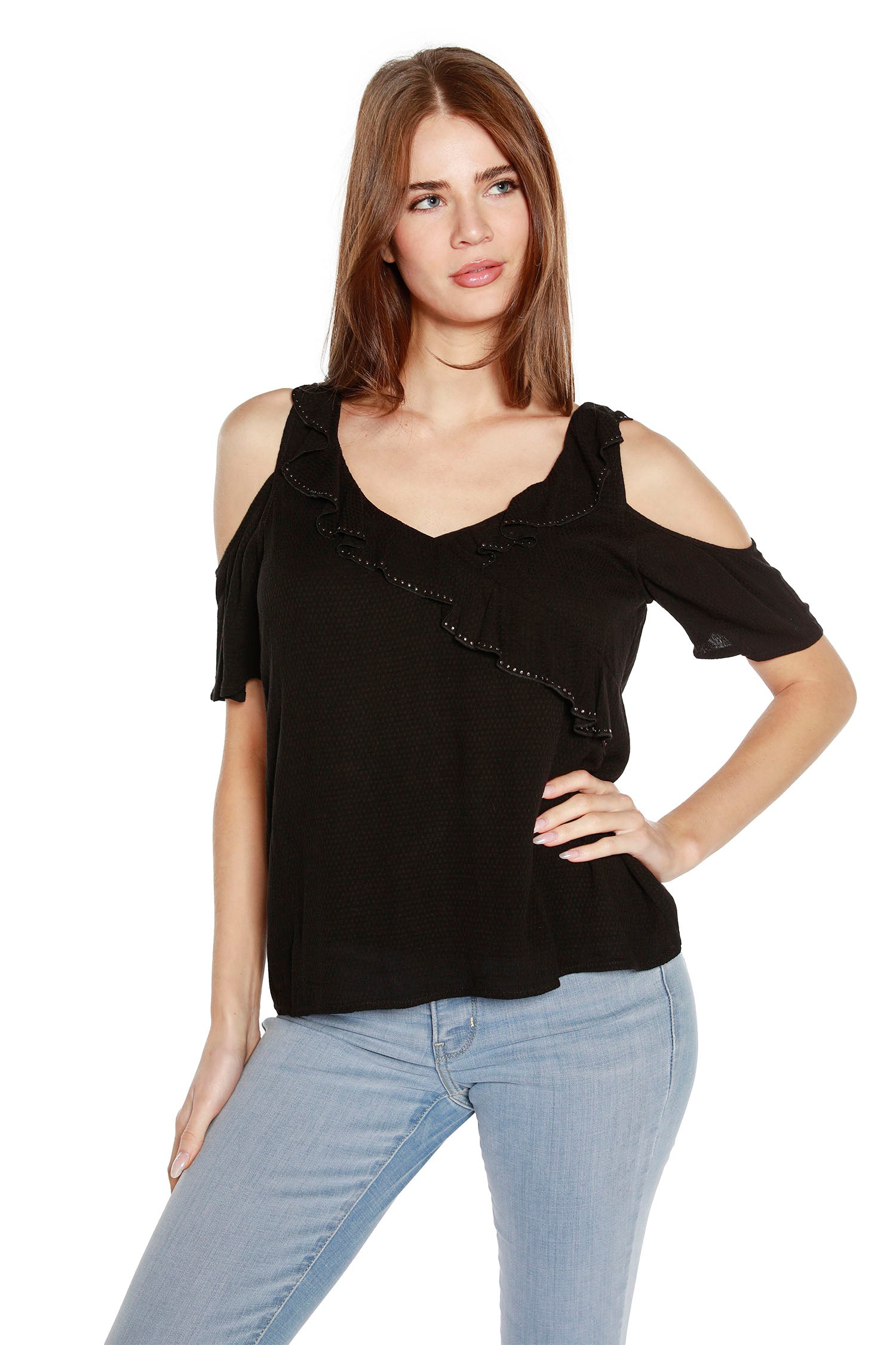 Women’s Cold Shoulder Top with Ruffles and Nail Heads