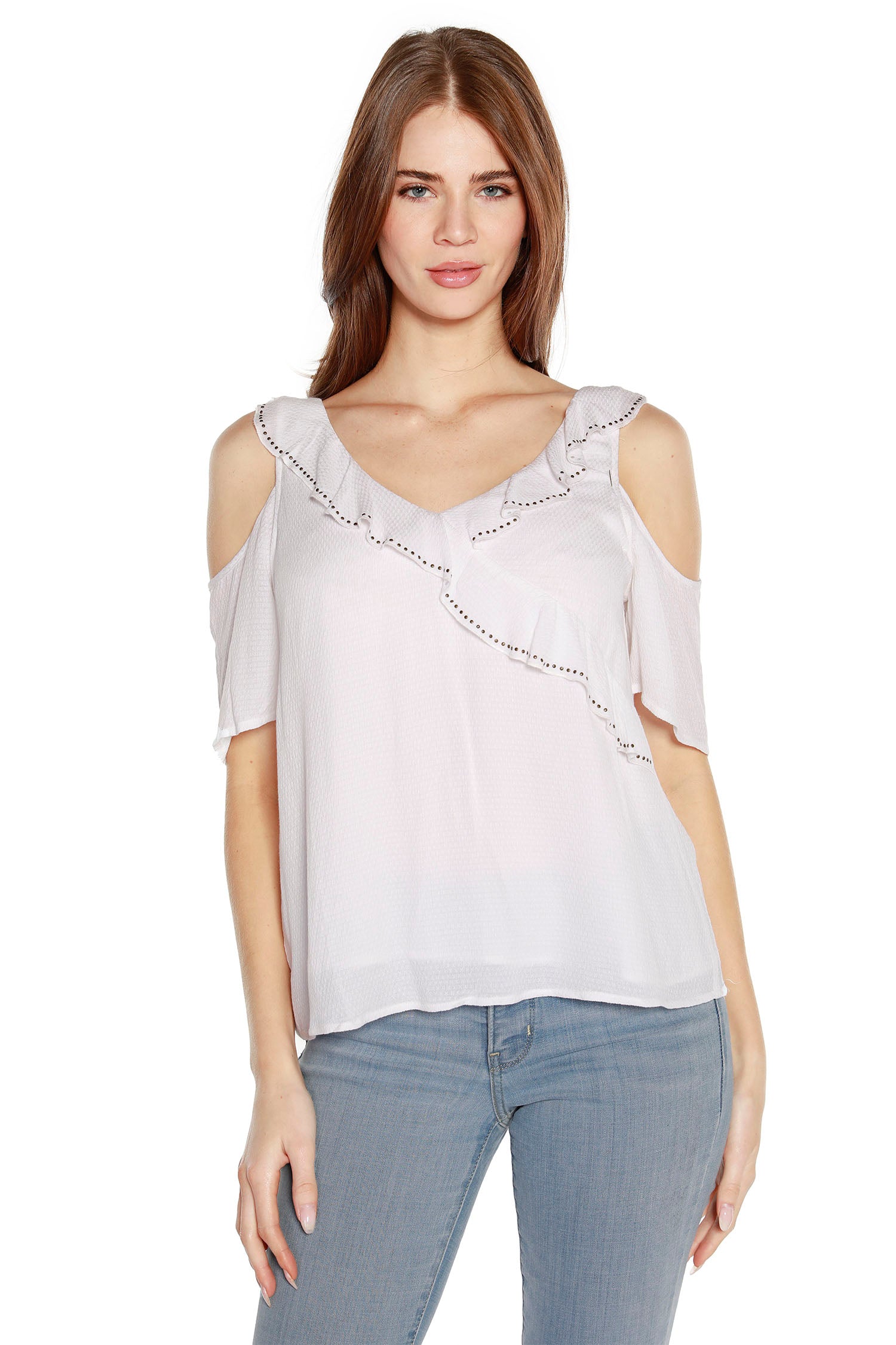 Women’s Cold Shoulder Top with Ruffles and Nail Heads