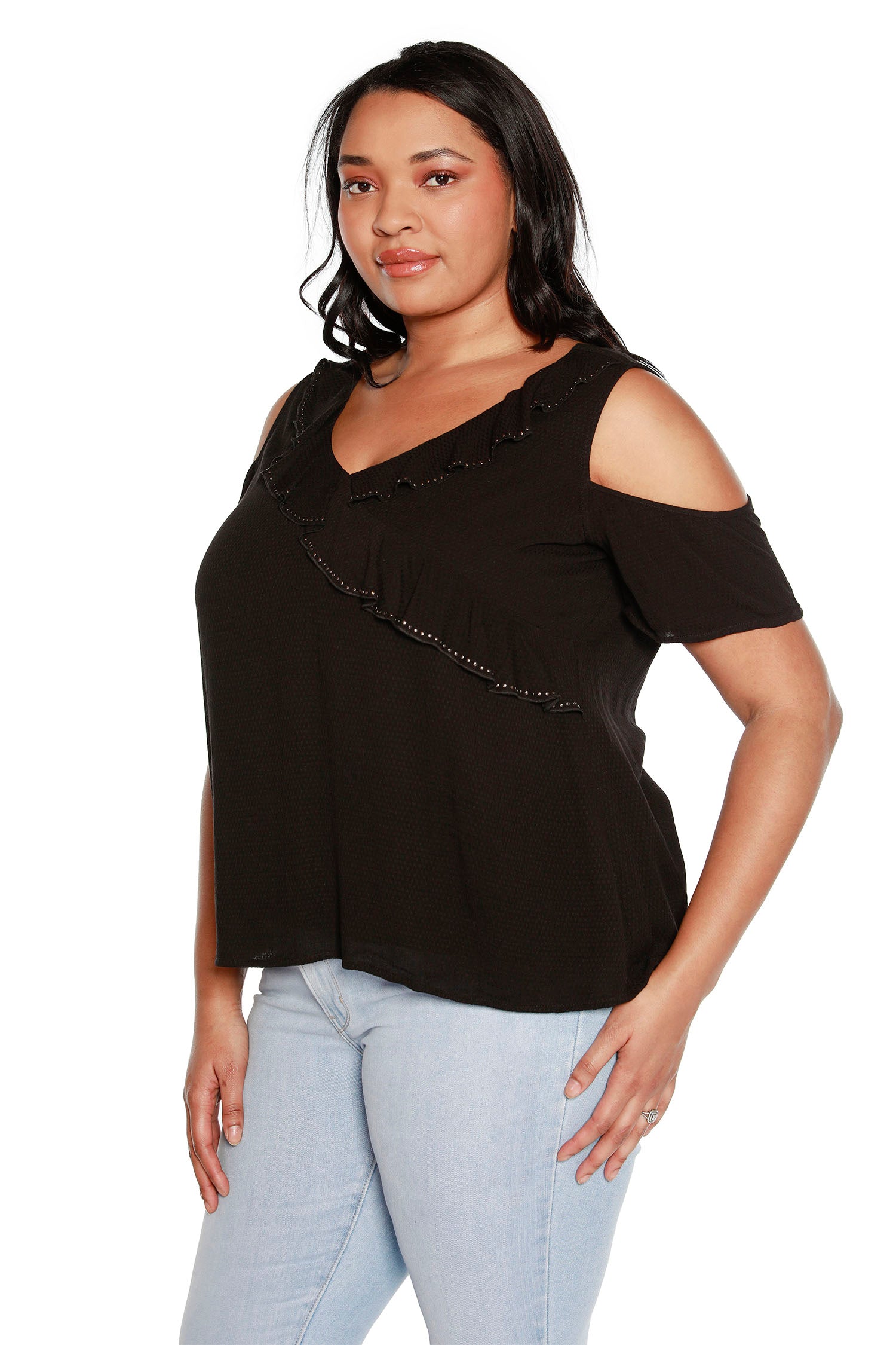 Women’s Cold Shoulder Top with Ruffles and Nail Heads | Curvy
