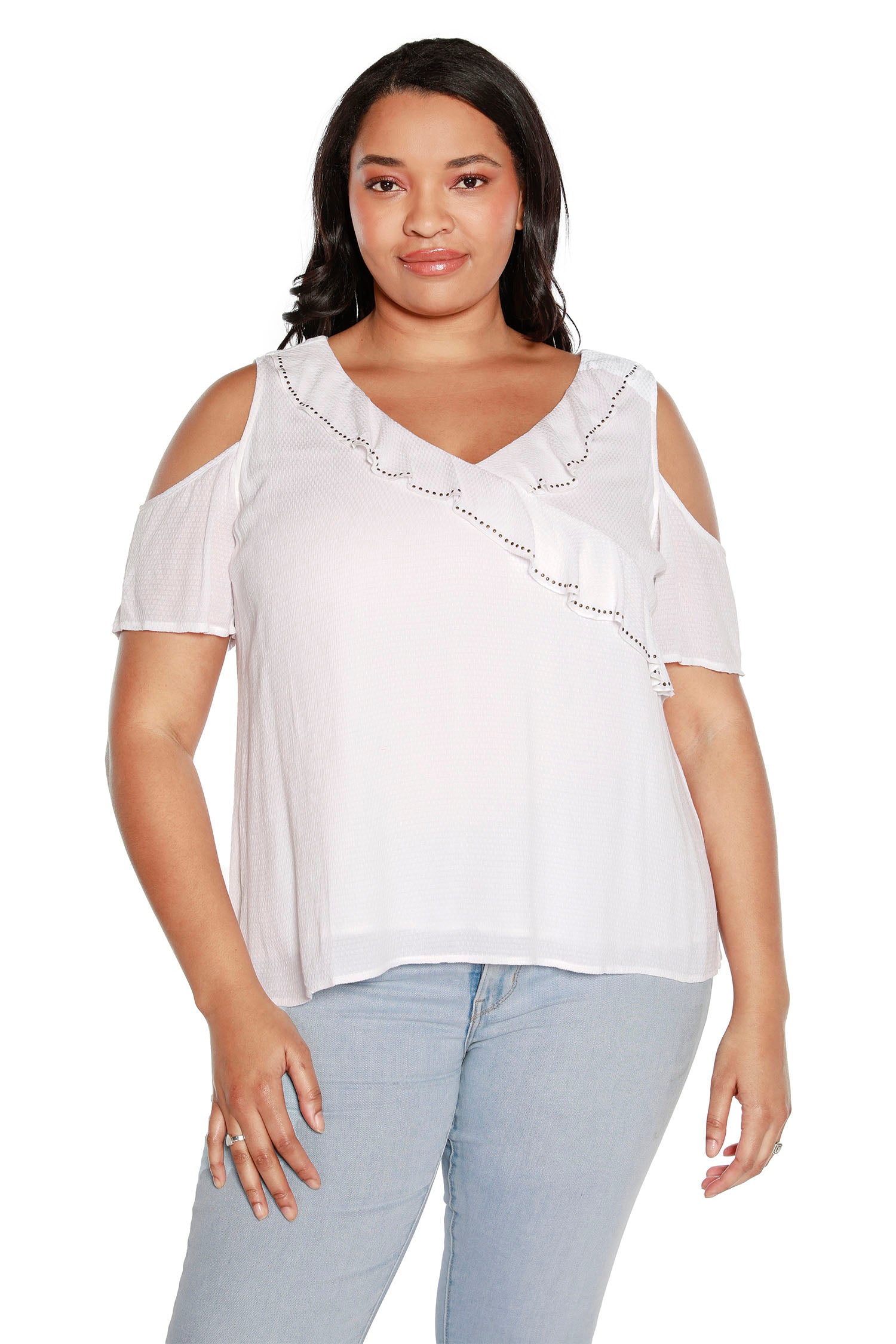 Women’s Cold Shoulder Top with Ruffles and Nail Heads | Curvy