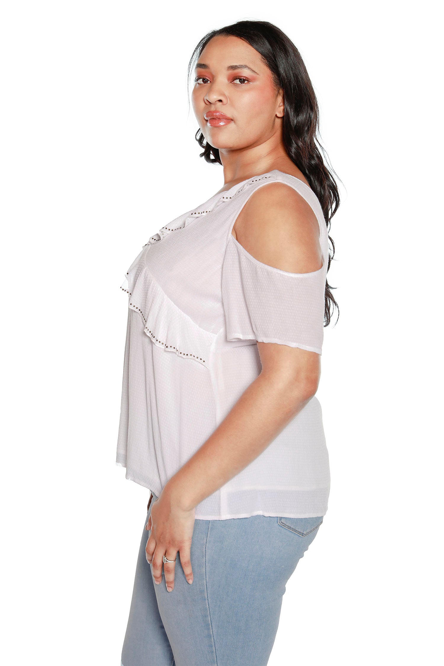 Women’s Cold Shoulder Top with Ruffles and Nail Heads | Curvy
