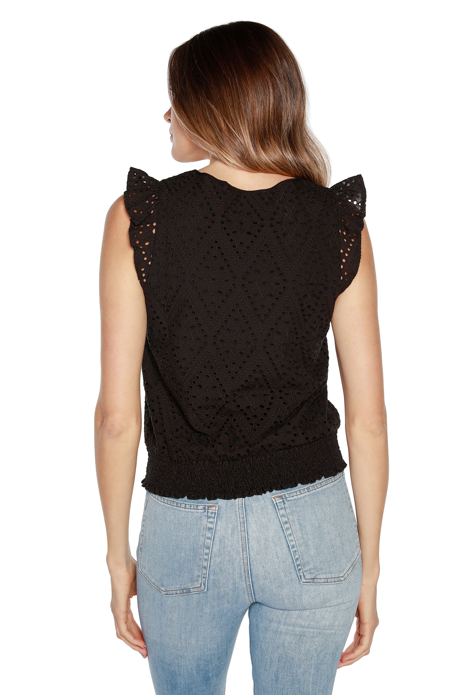 Women’s Eyelet Top with Flutter Sleeves and Smocked Waist
