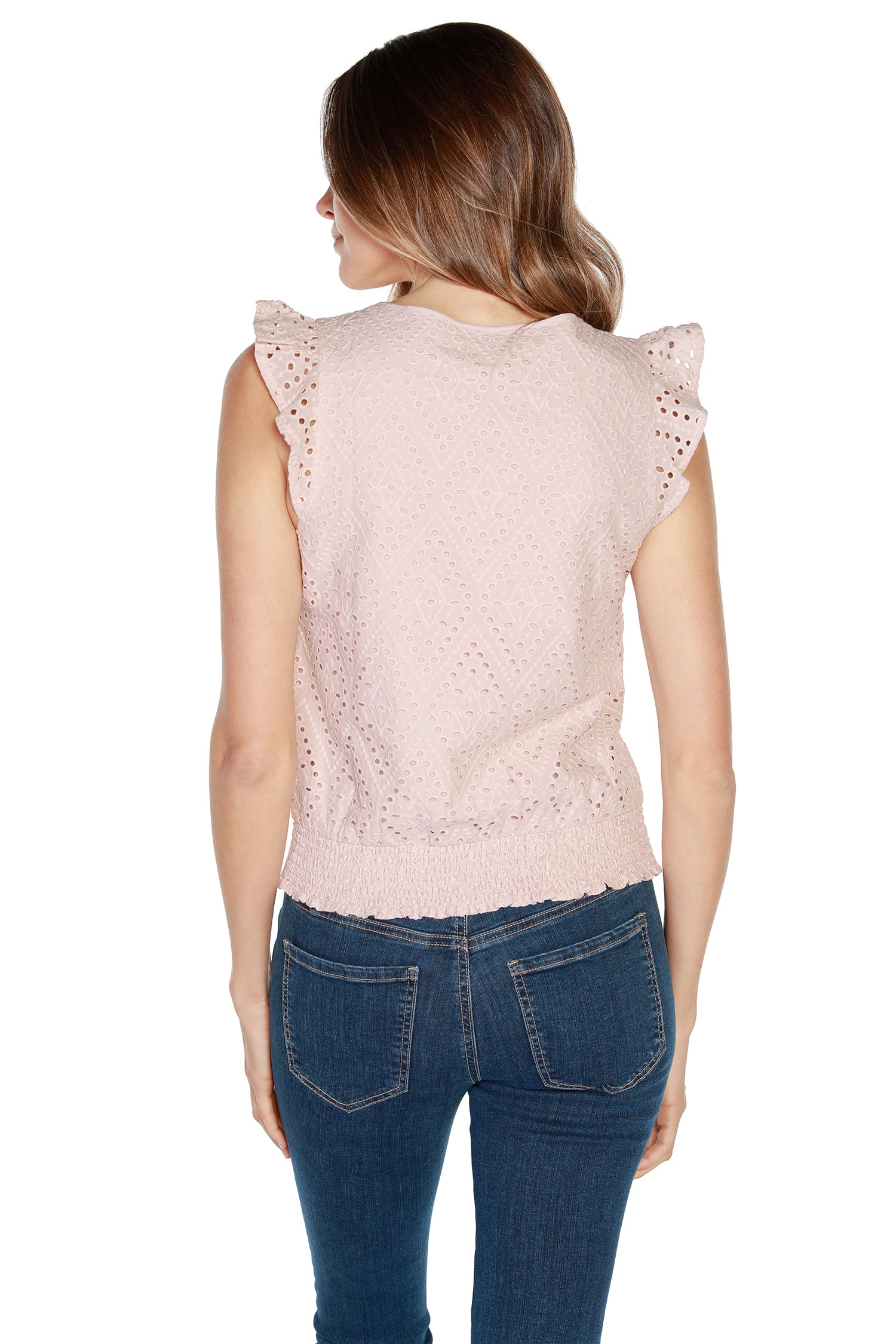 Women’s Eyelet Top with Flutter Sleeves and Smocked Waist