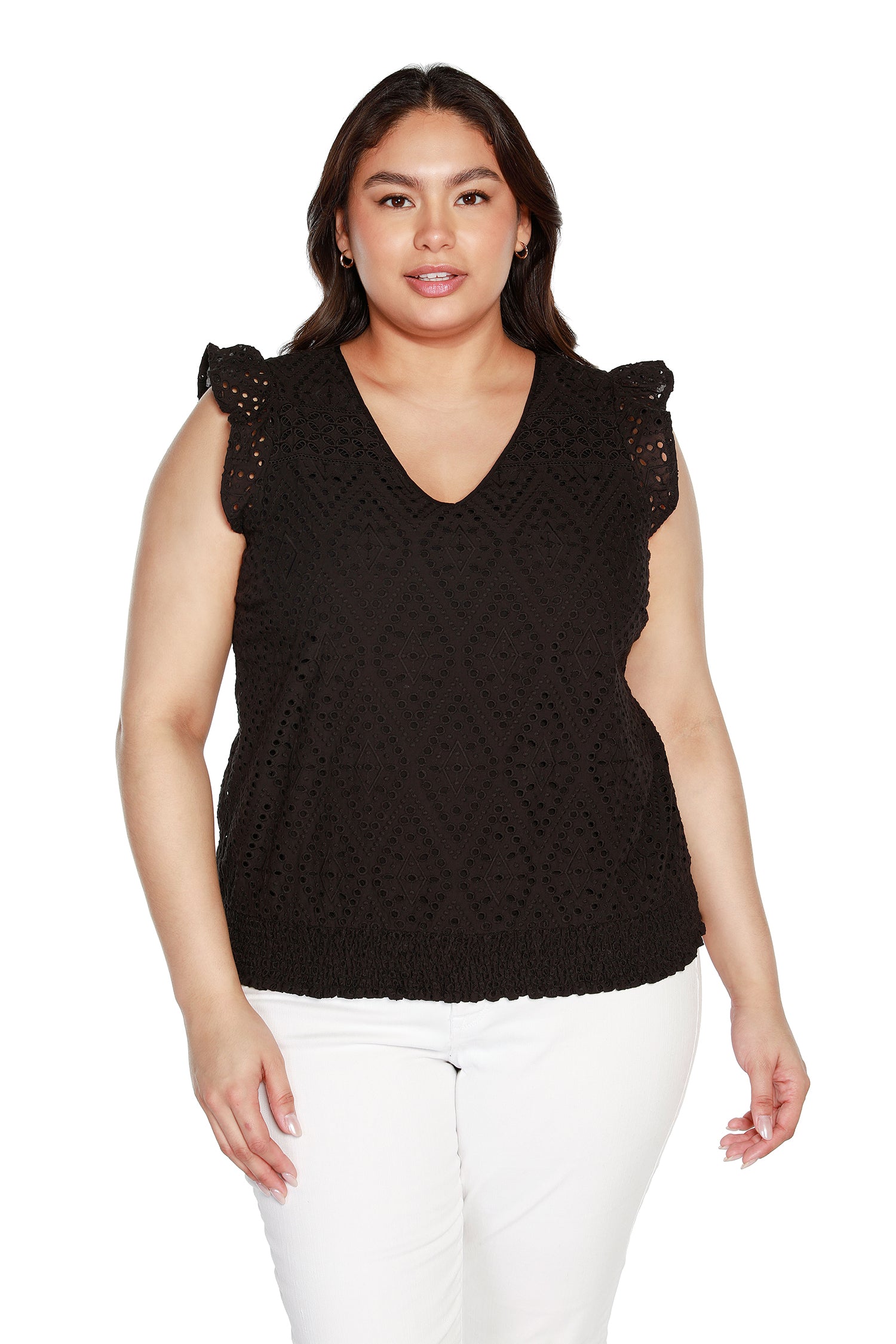 Women’s Eyelet Top with Flutter Sleeves and Smocked Waist  | Curvy