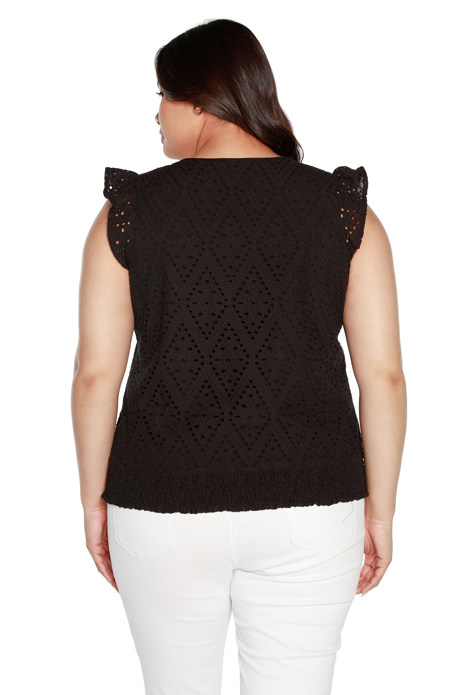 Women’s Eyelet Top with Flutter Sleeves and Smocked Waist  | Curvy