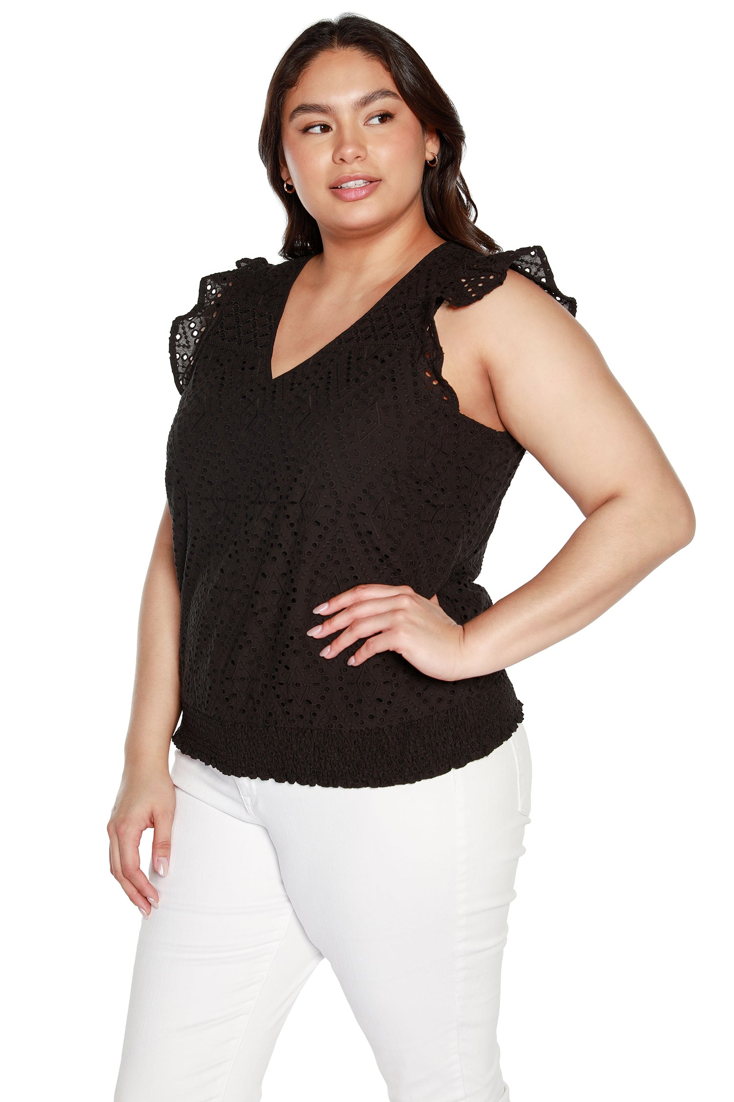 Women’s Eyelet Top with Flutter Sleeves and Smocked Waist  | Curvy