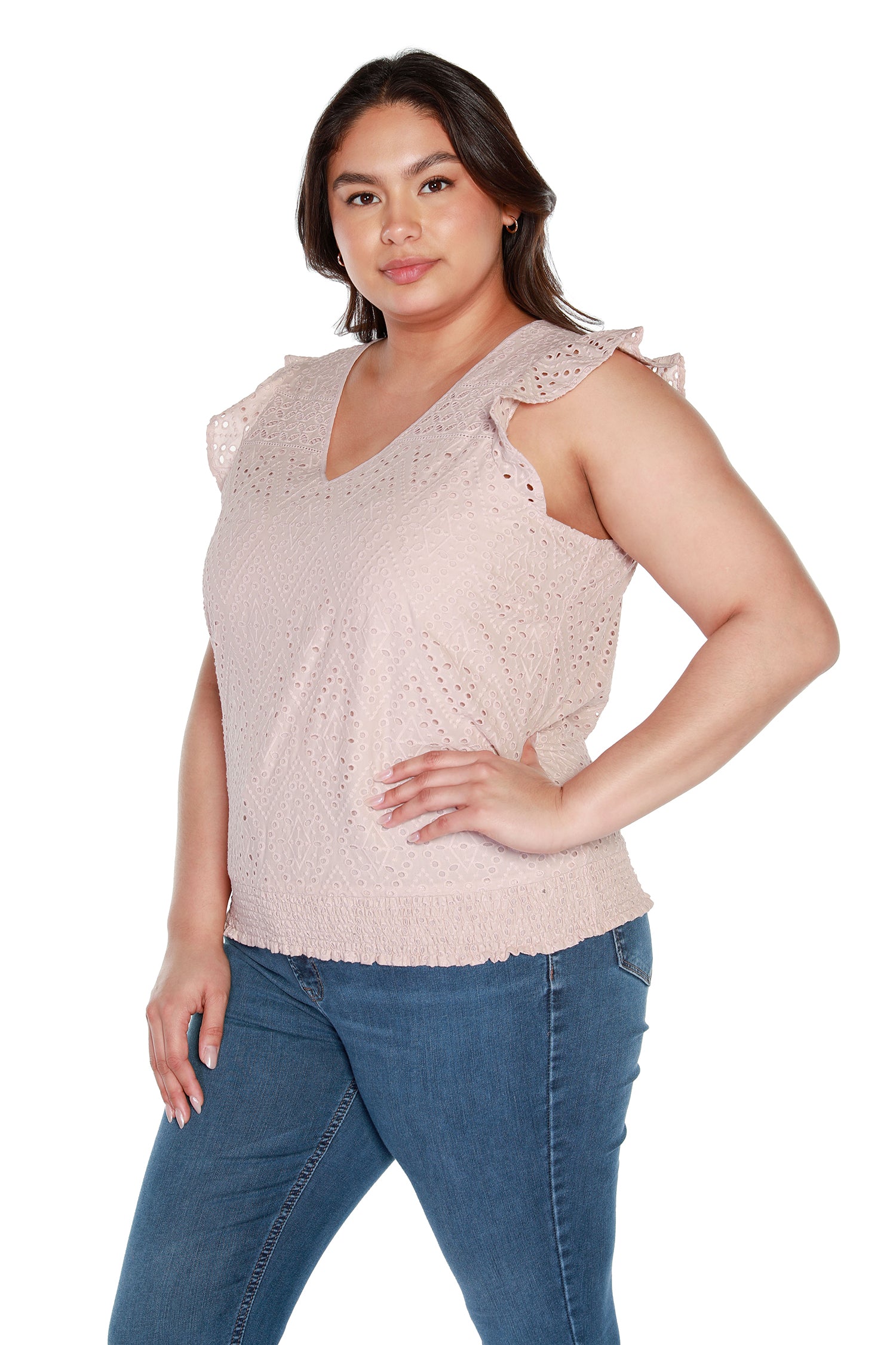 Women’s Eyelet Top with Flutter Sleeves and Smocked Waist  | Curvy
