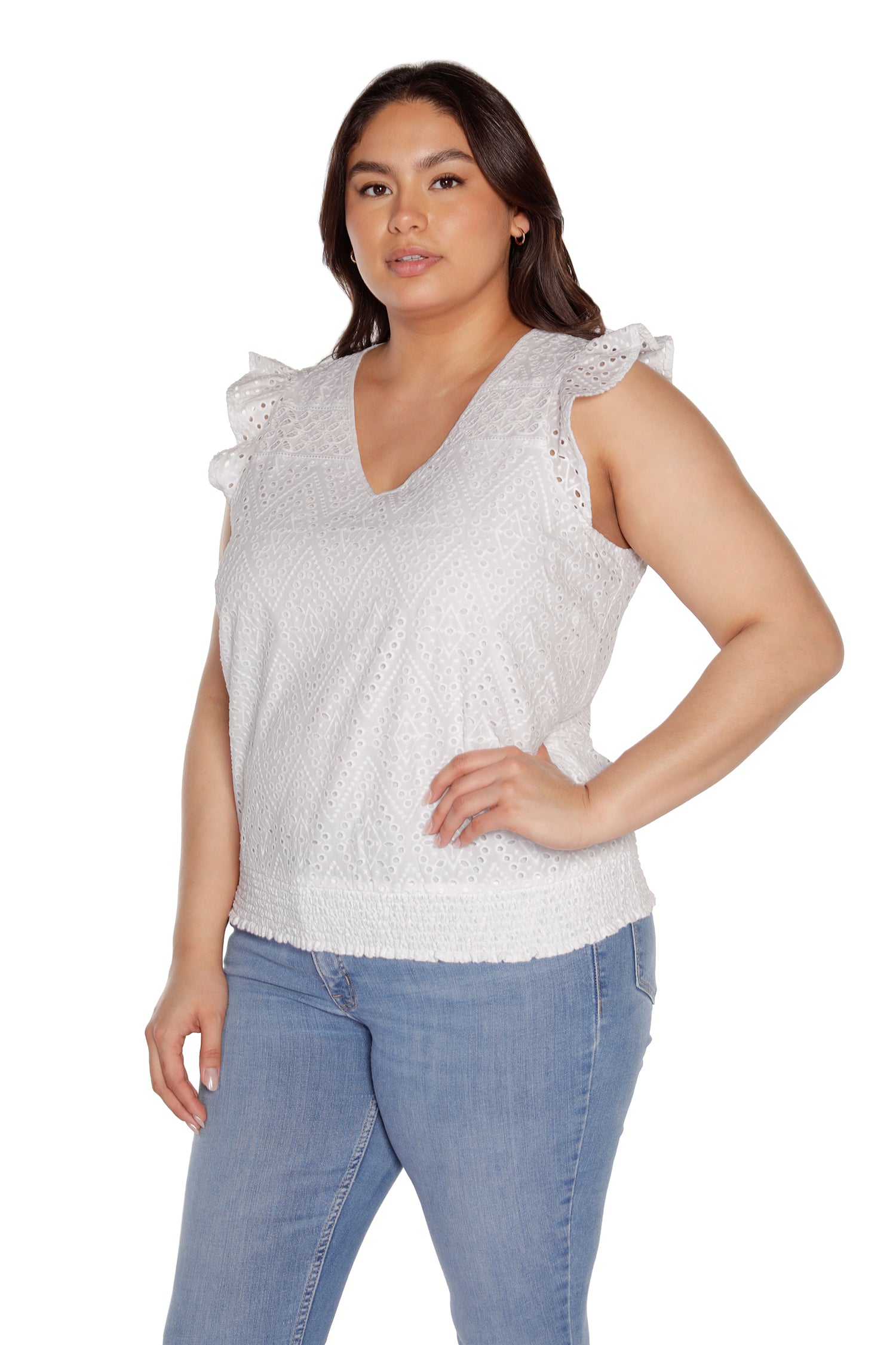 Women’s Eyelet Top with Flutter Sleeves and Smocked Waist  | Curvy