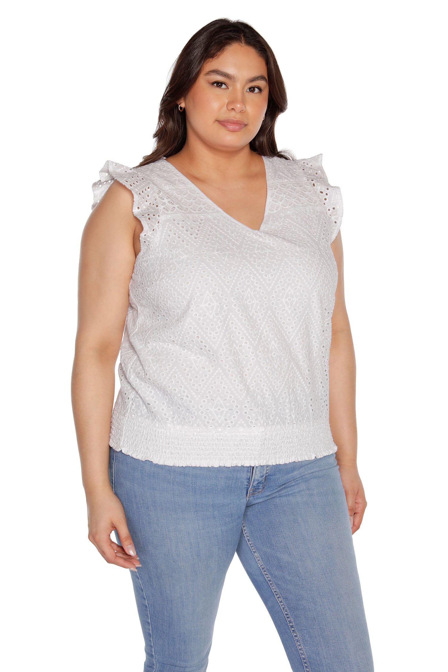 Women’s Eyelet Top with Flutter Sleeves and Smocked Waist  | Curvy