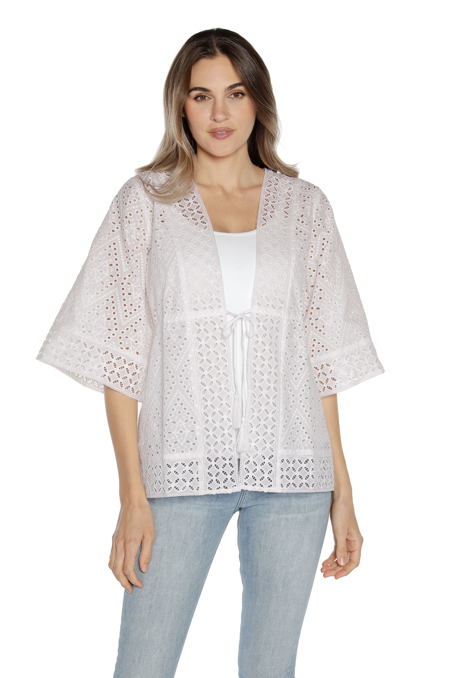 Women's Cotton Eyelet and Embroidery Kimono with Tie at Waist