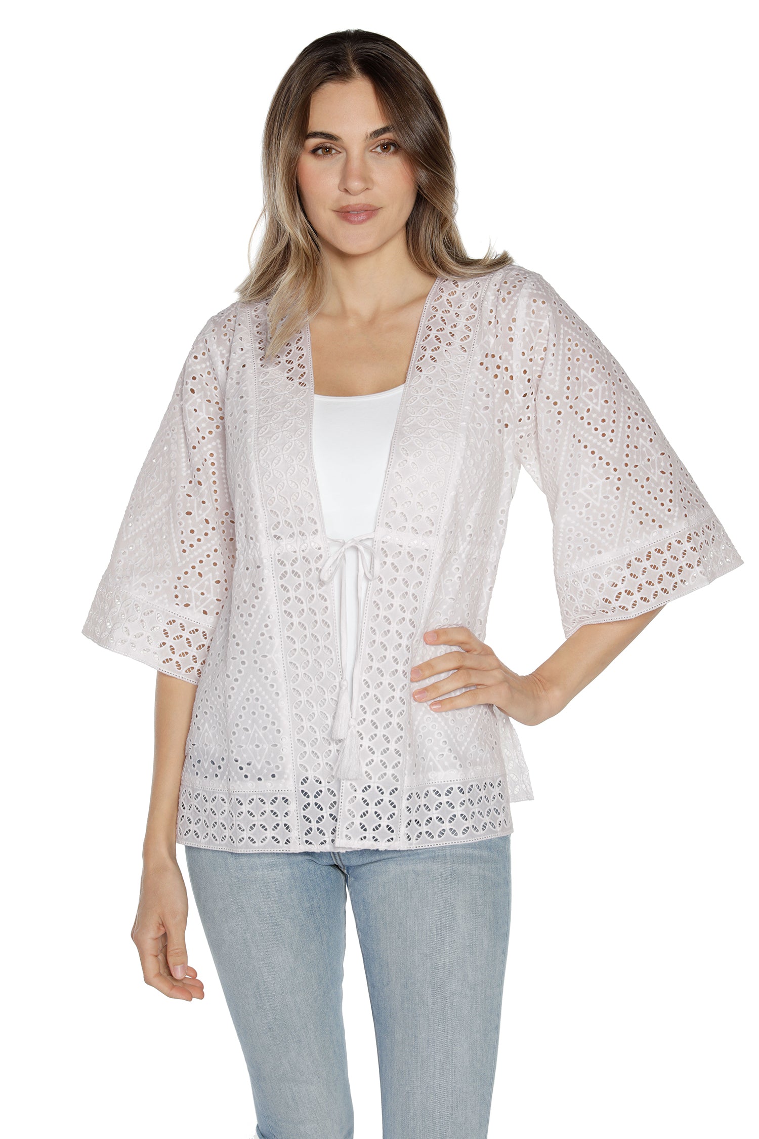 Women's Cotton Eyelet and Embroidery Kimono with Tie at Waist