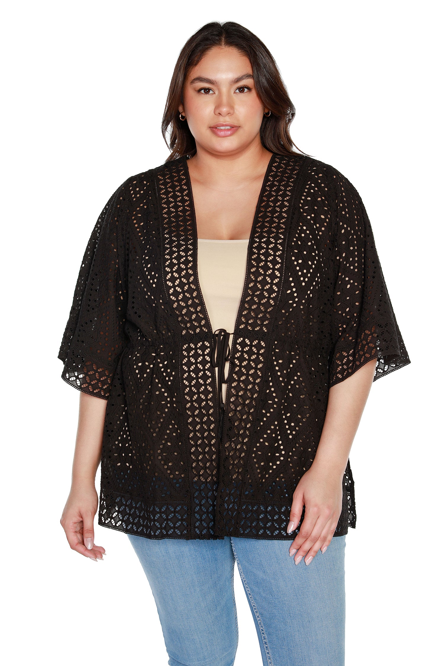 Women's Cotton Eyelet and Embroidery Kimono with Tie at Waist | Curvy