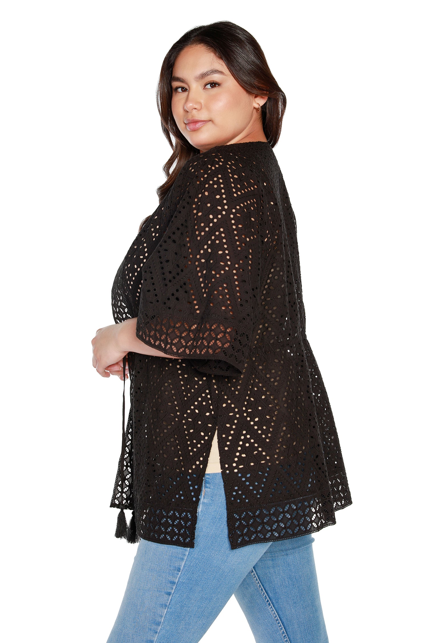 Women's Cotton Eyelet and Embroidery Kimono with Tie at Waist | Curvy