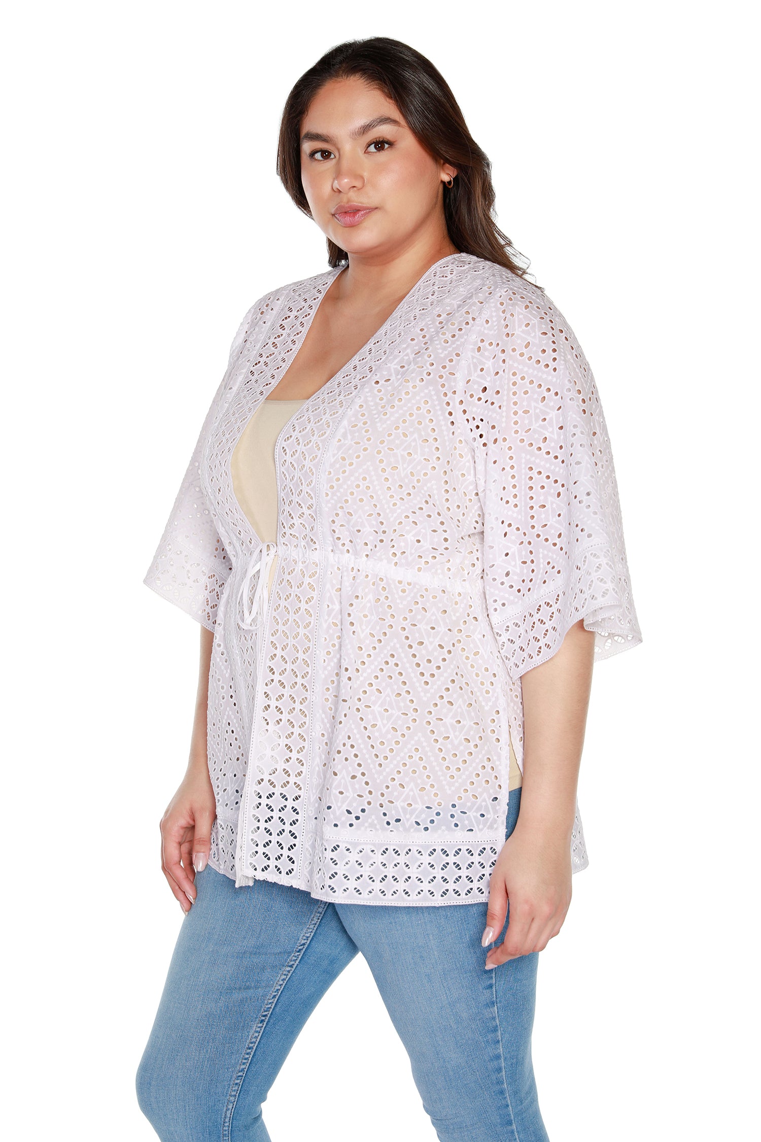 Women's Cotton Eyelet and Embroidery Kimono with Tie at Waist | Curvy