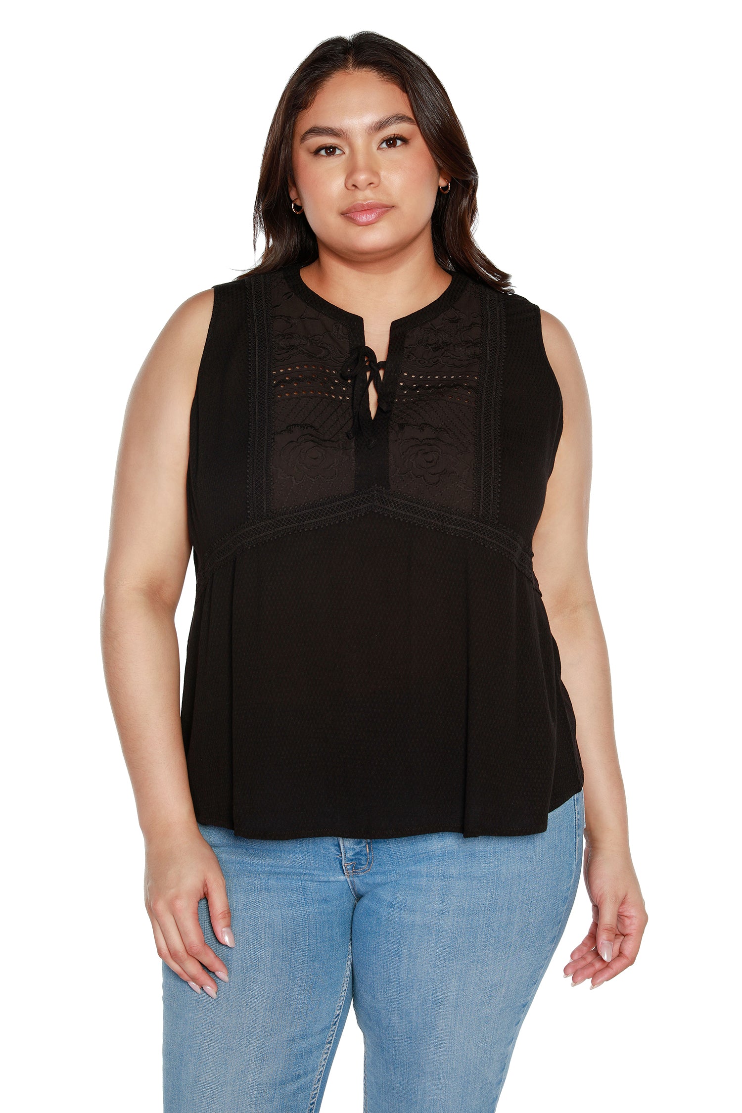 Women’s Sleeveless Woven Top with Eyelet Lace and Embroidery | Curvy