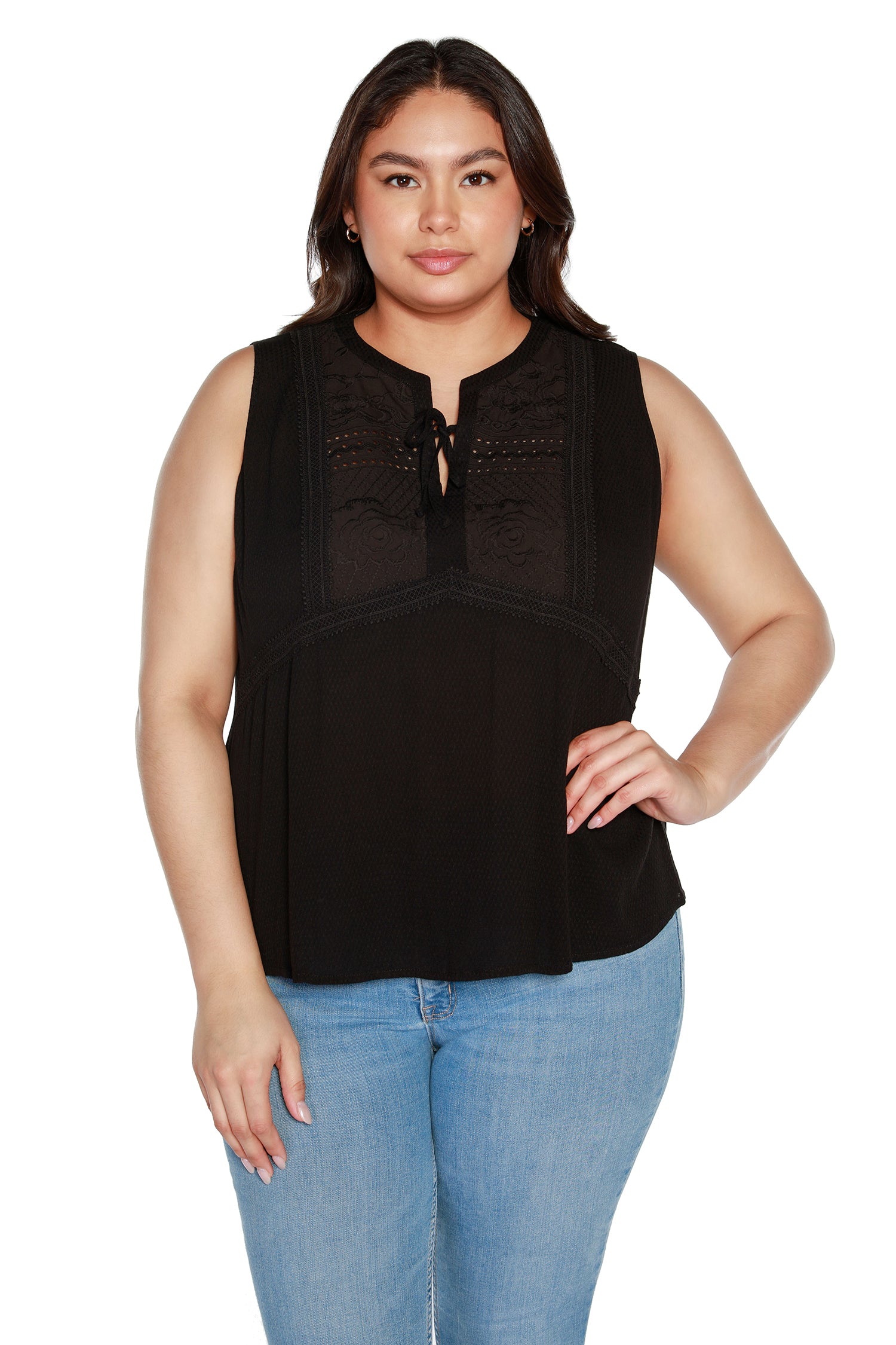 Women’s Sleeveless Woven Top with Eyelet Lace and Embroidery | Curvy