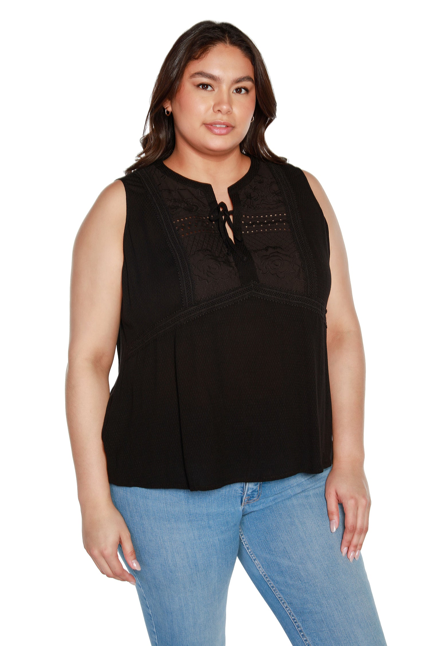 Women’s Sleeveless Woven Top with Eyelet Lace and Embroidery | Curvy
