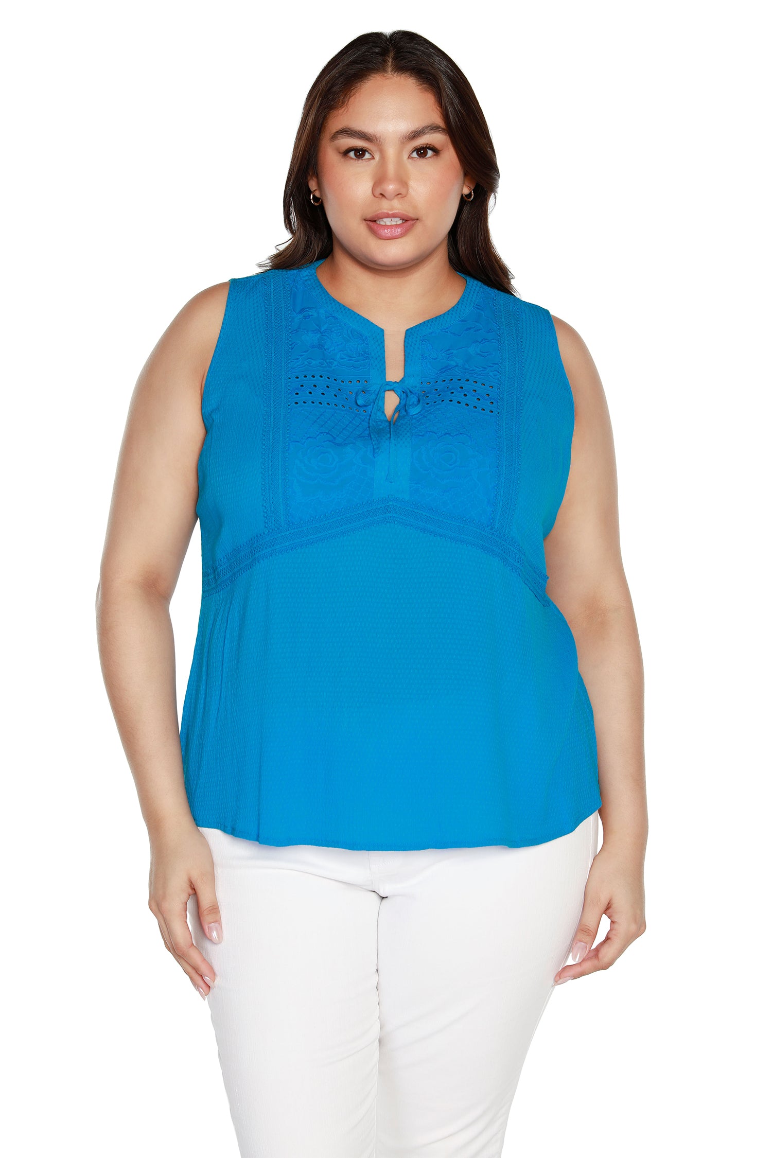 Women’s Sleeveless Woven Top with Eyelet Lace and Embroidery | Curvy