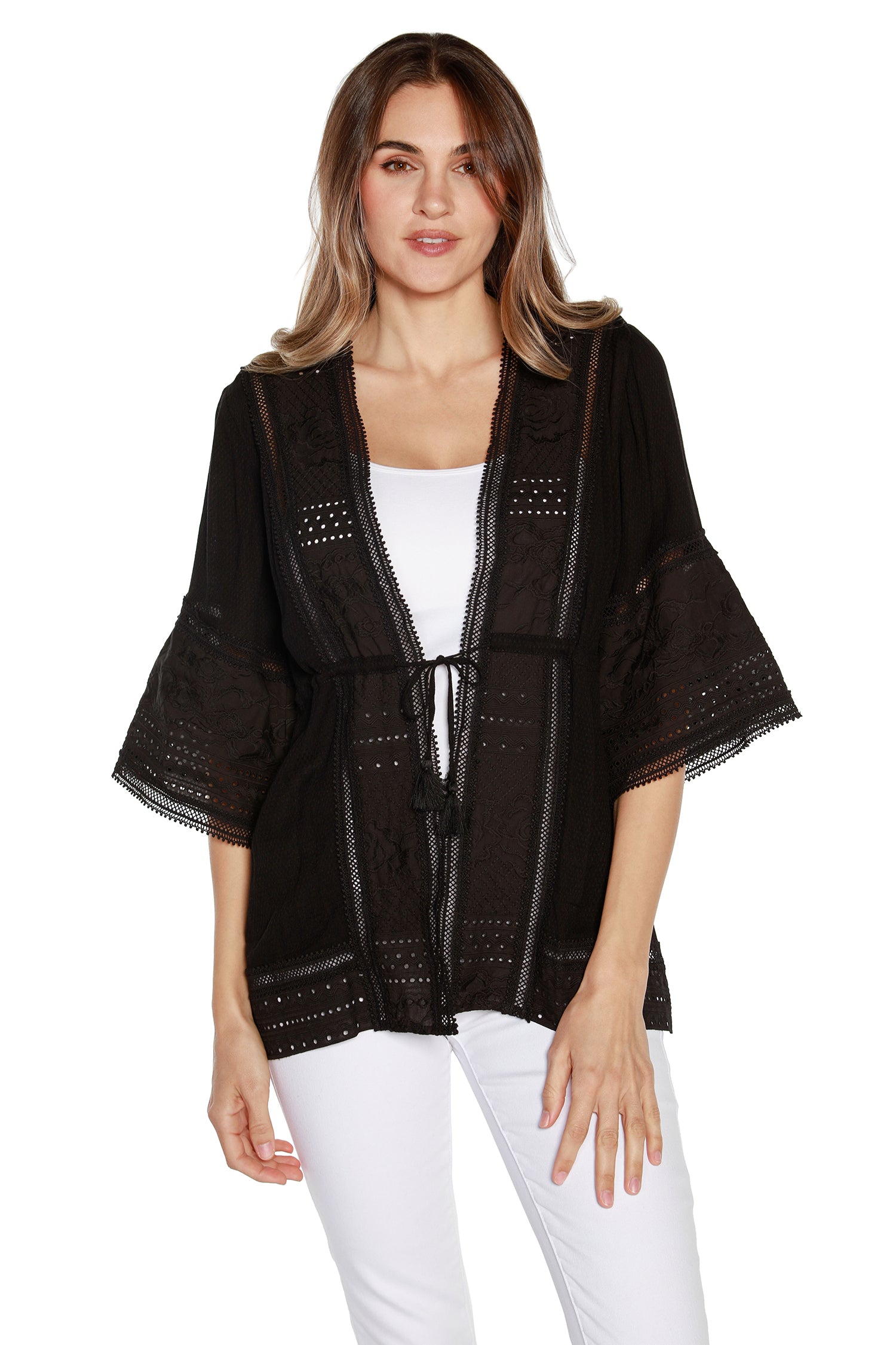 Women's Cotton Kimono with Eyelet Lace and Embroidery