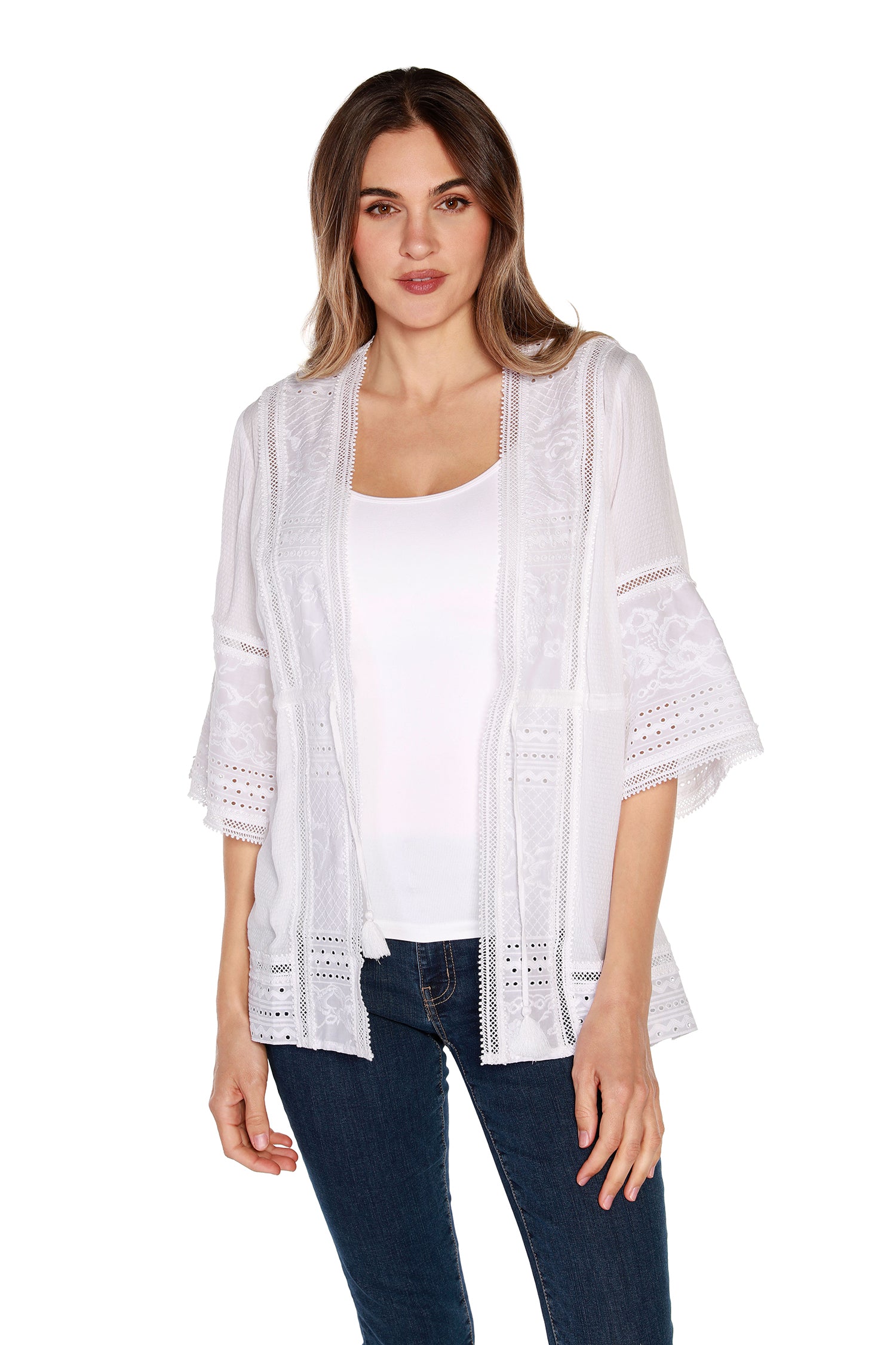 Women's Cotton Kimono with Eyelet Lace and Embroidery