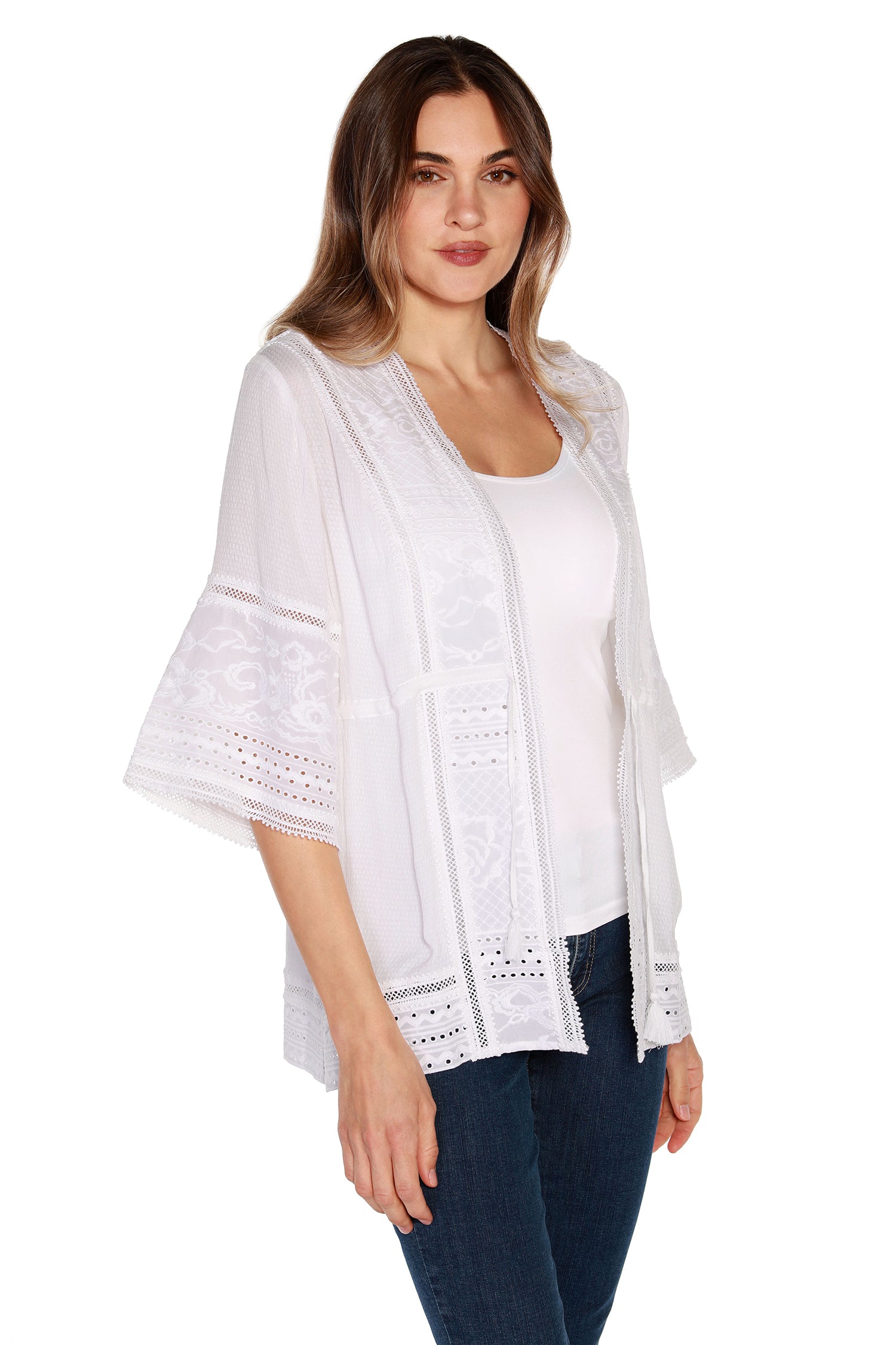 Kimono de algodón para mujer con encaje y bordado con ojales