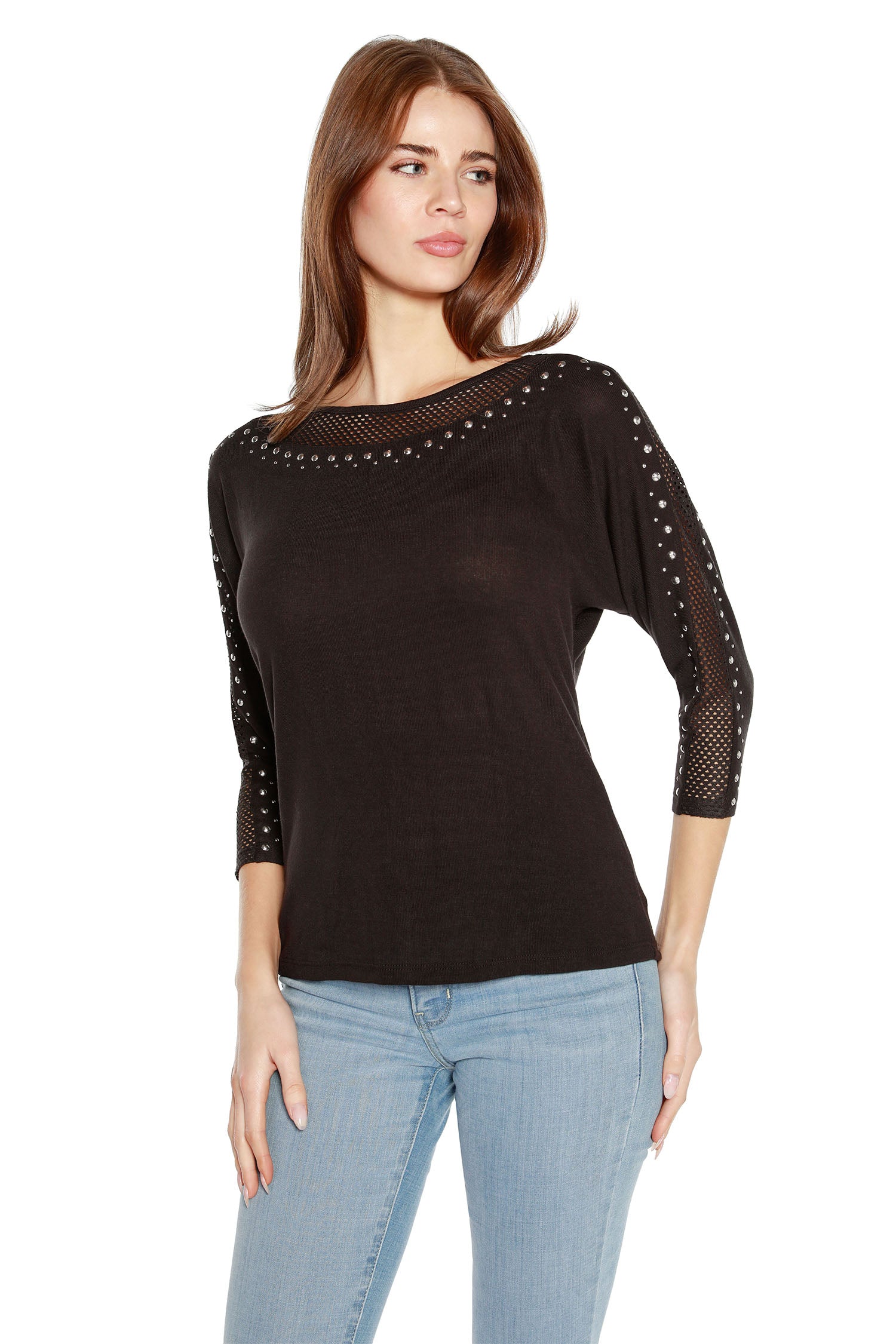 Women's Fashion Top with Dolman Sleeves and Mesh Insets Trimmed with Silver Nailheads
