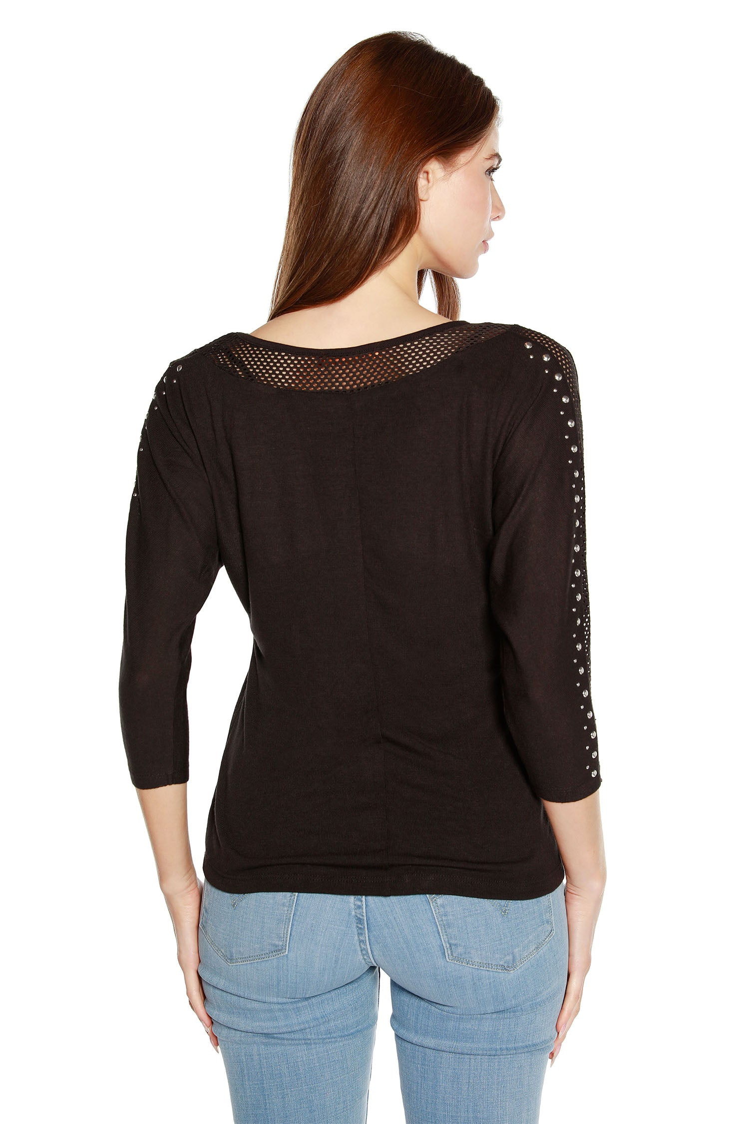 Women's Dolman Sleeve Top with Mesh Detail and Nailhead Embellishments