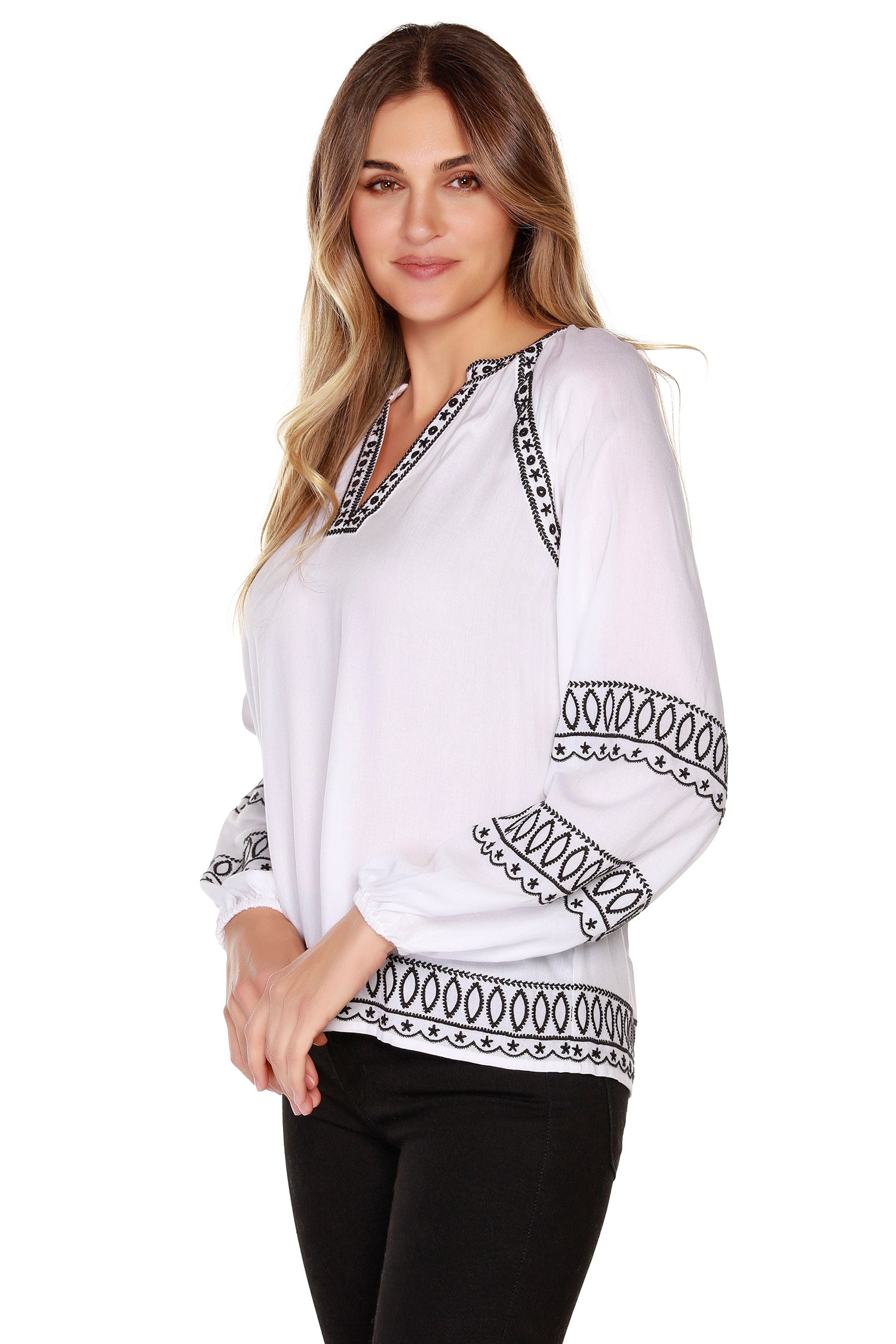 Women's Embroidered Raglan Boho Chic Peasant Top