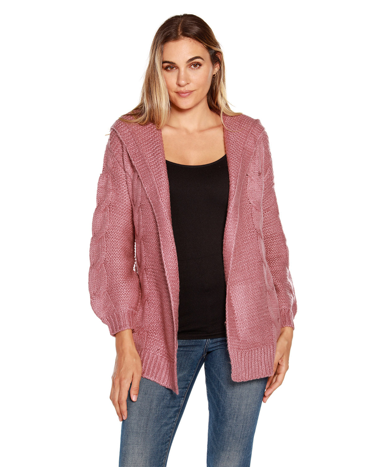 Women's Long Sleeve Knit Hoodie Cable Knit Cardigan with Pockets