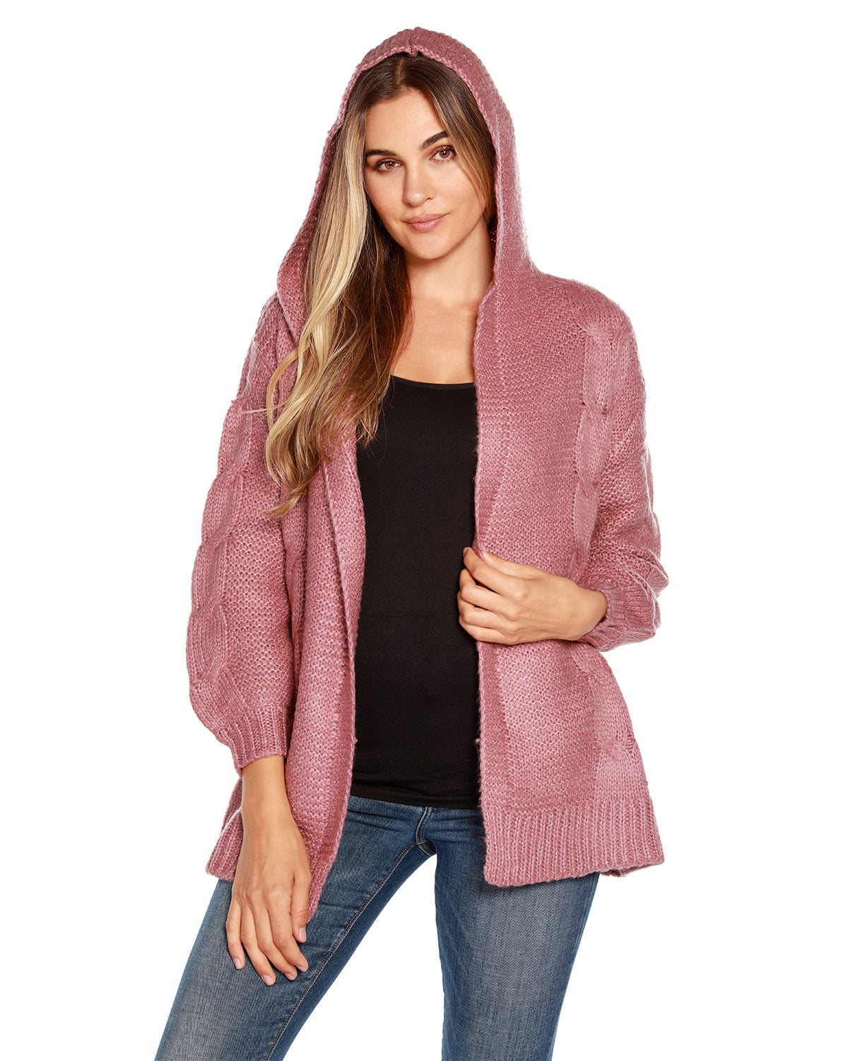 Women's Long Sleeve Knit Hoodie Cable Knit Cardigan with Pockets