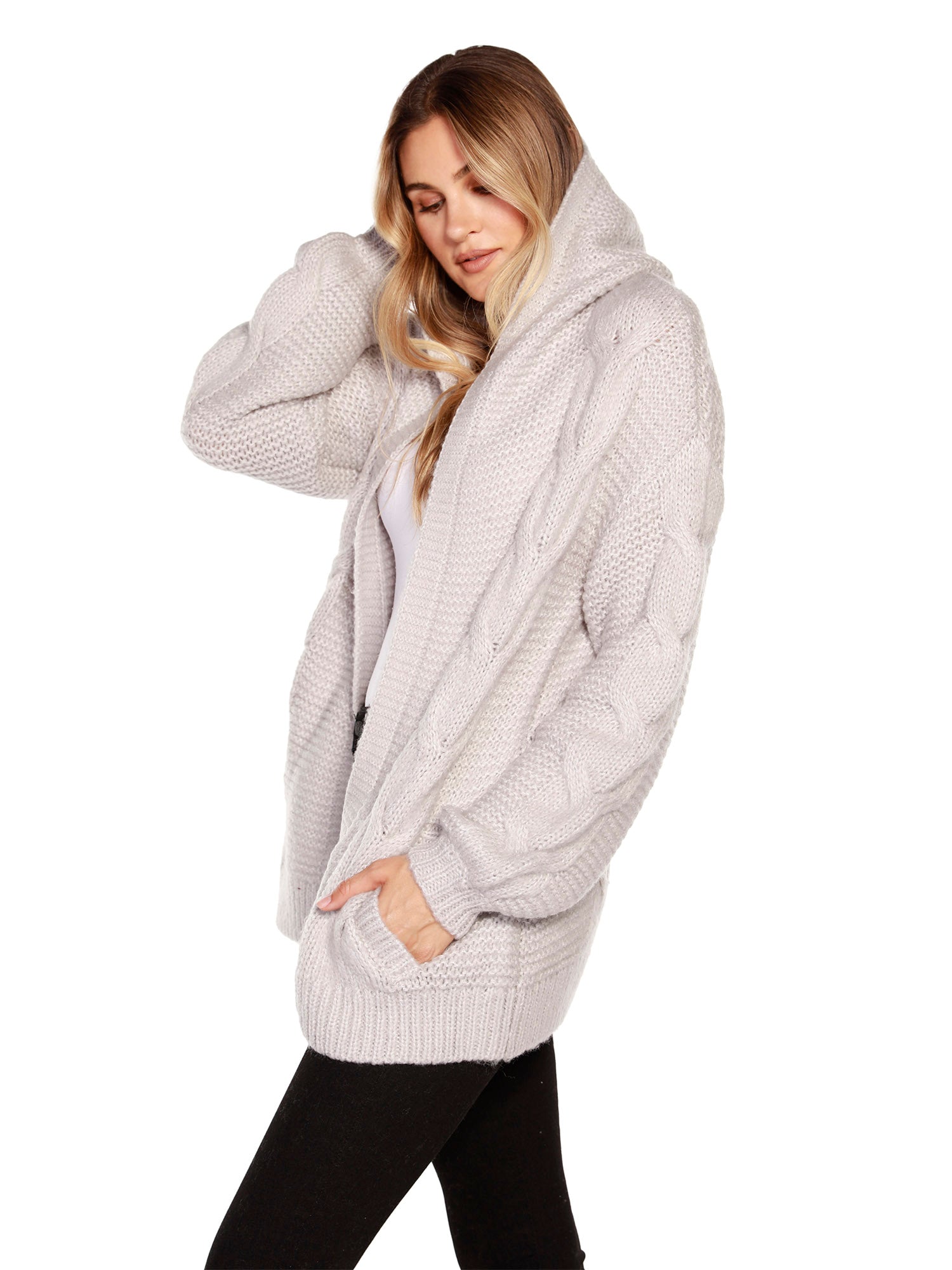 Women's Long Sleeve Knit Hoodie Cable Knit Cardigan with Pockets