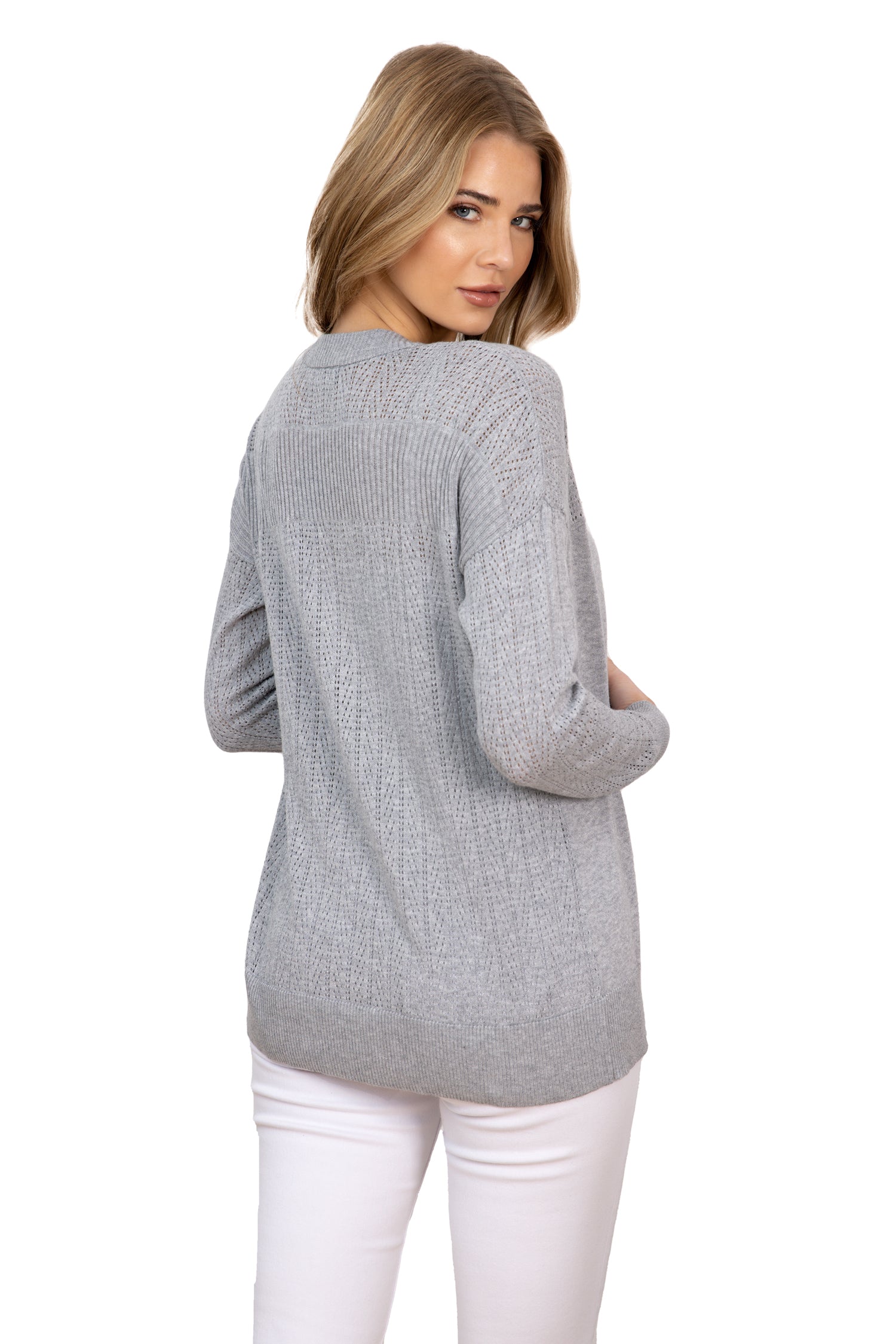 Cárdigan para mujer, suéter de punto liso bloqueado por un patrón de pointelle diagonal