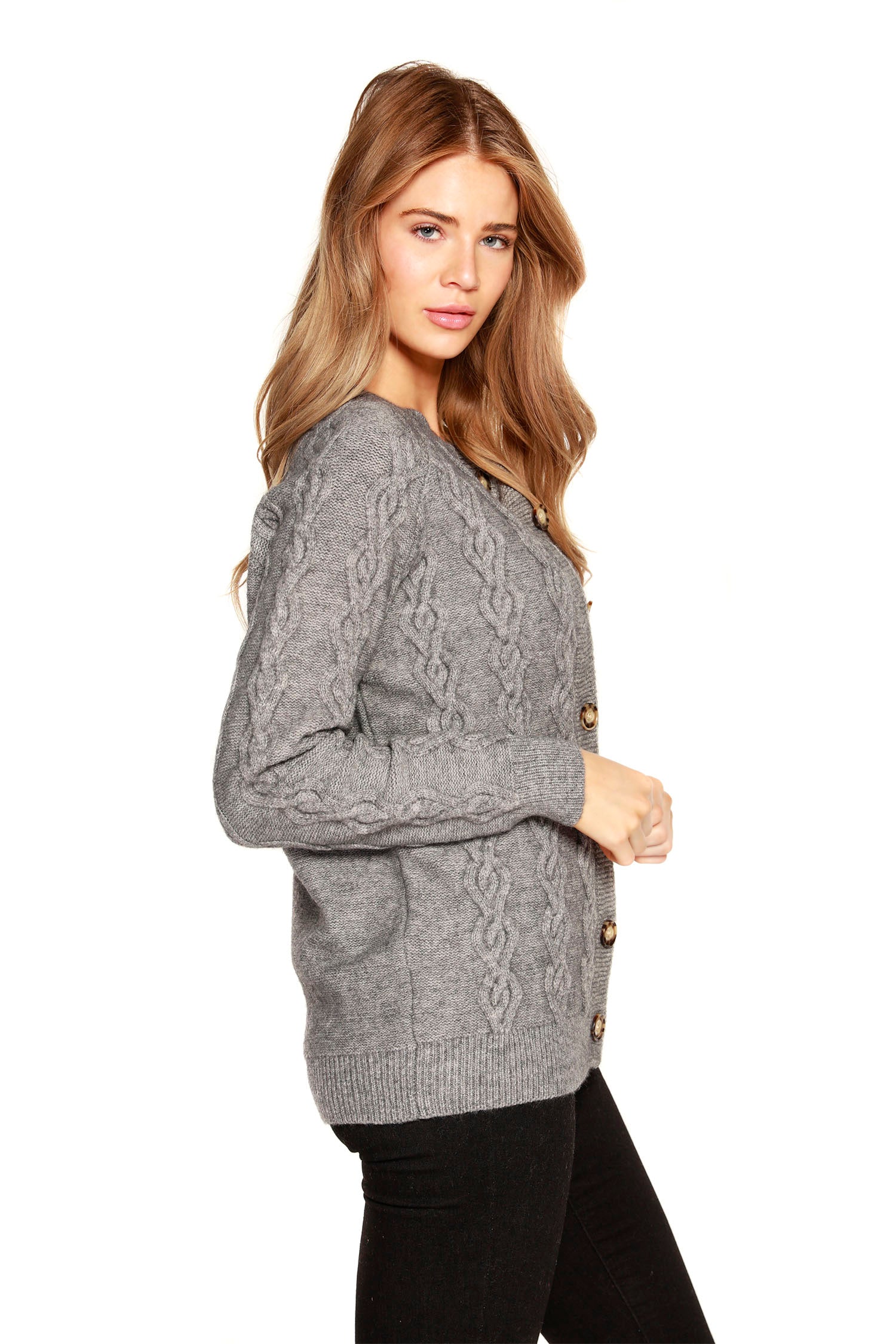 Womens Long Sleeve Button Down Cable Knit Sweater for Ladies Hip Length