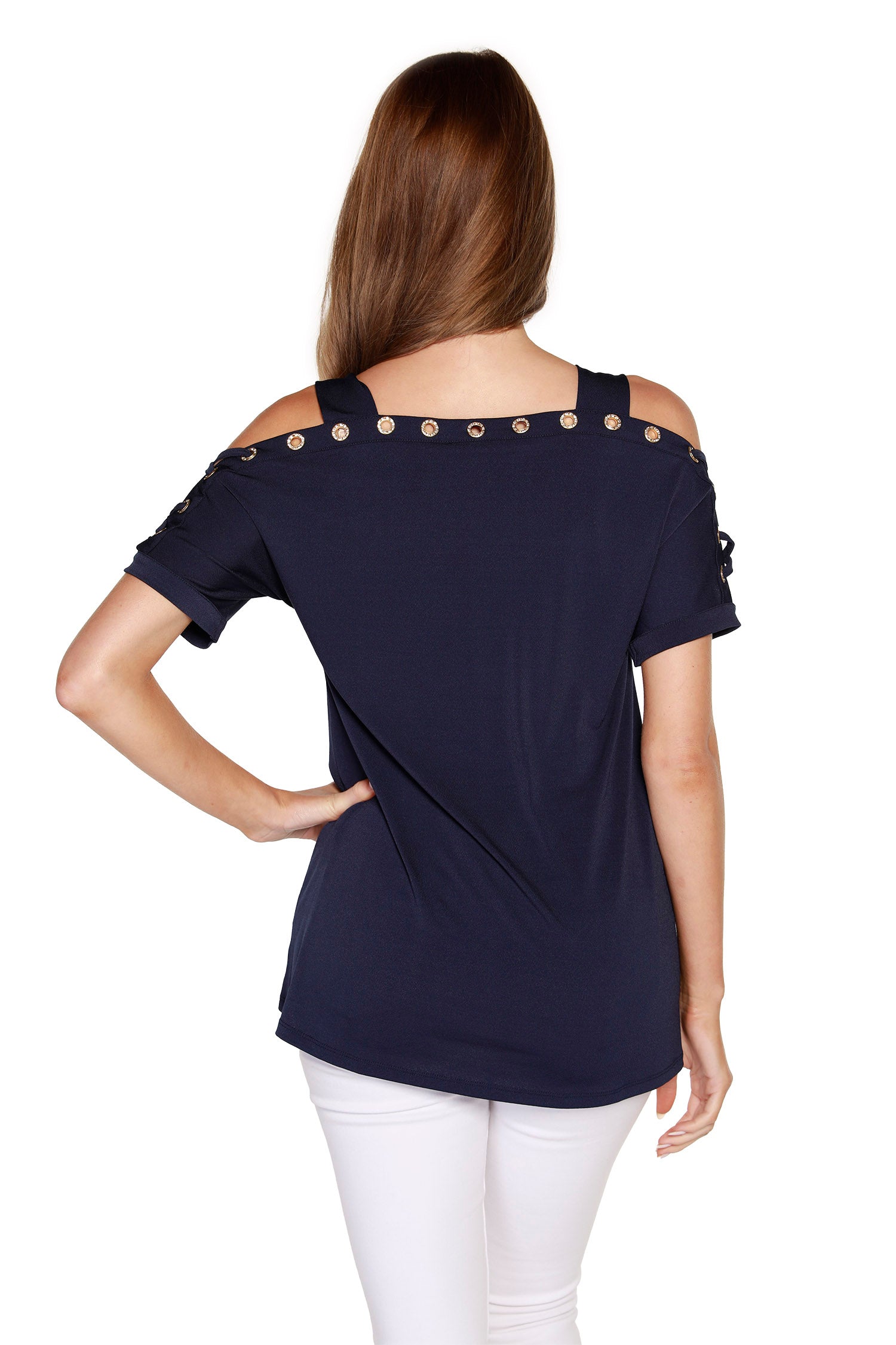 Women's Short Sleeve Cold Shoulder Top with Gold Rhinestone Lace Up Detail