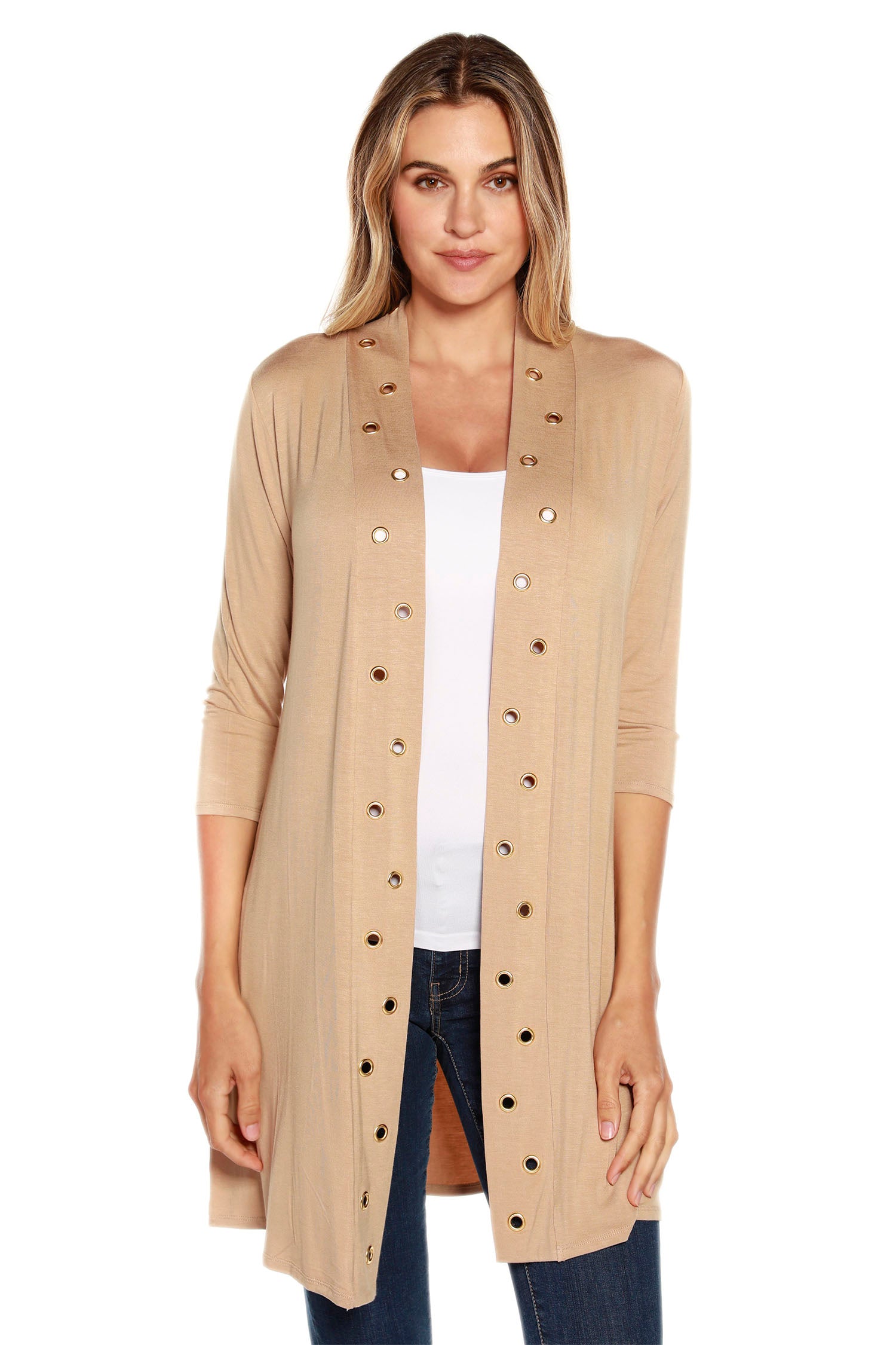 Women's 3/4 Sleeve Mid-Thigh Jersey Cardigan with Grommet Trim
